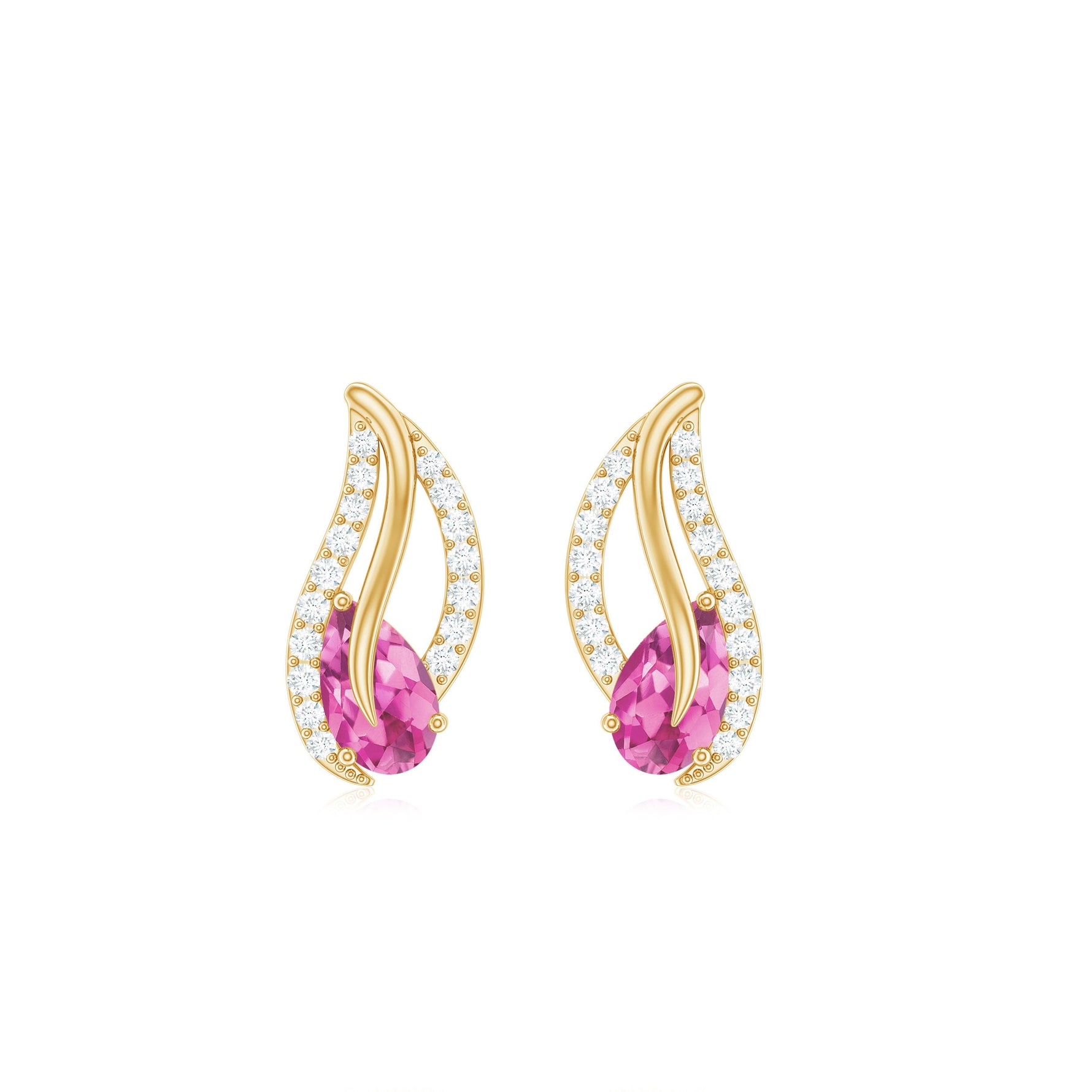 1/2 CT Pear Shape Pink Tourmaline and Diamond Leaf Stud Earrings