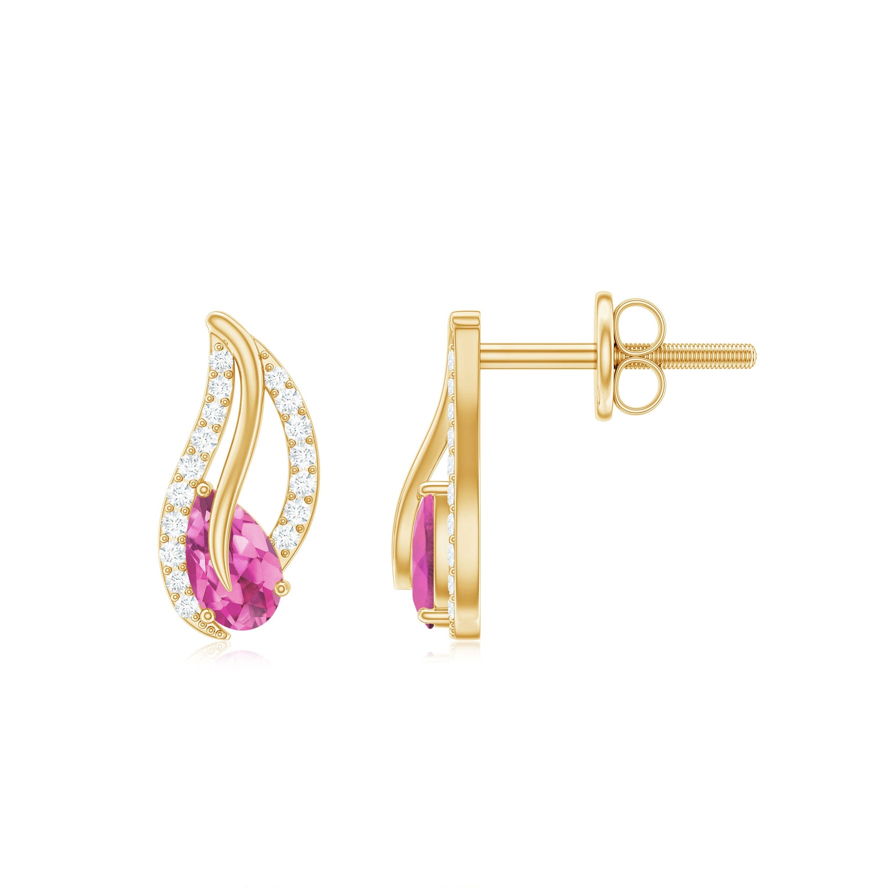 1/2 CT Pear Shape Pink Tourmaline and Diamond Leaf Stud Earrings