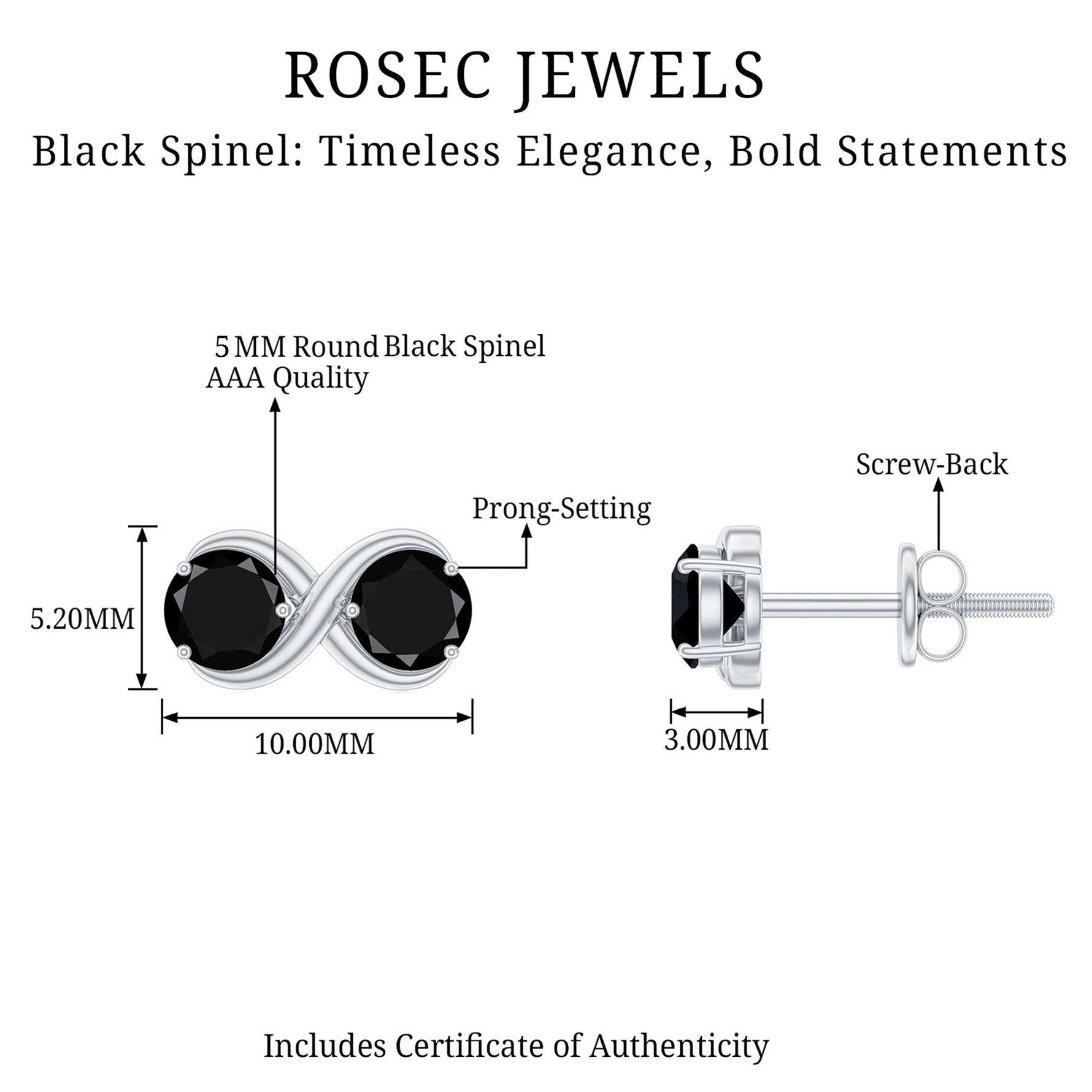 1 CT Simple Black Spinel Two Stone Infinity Stud Earrings