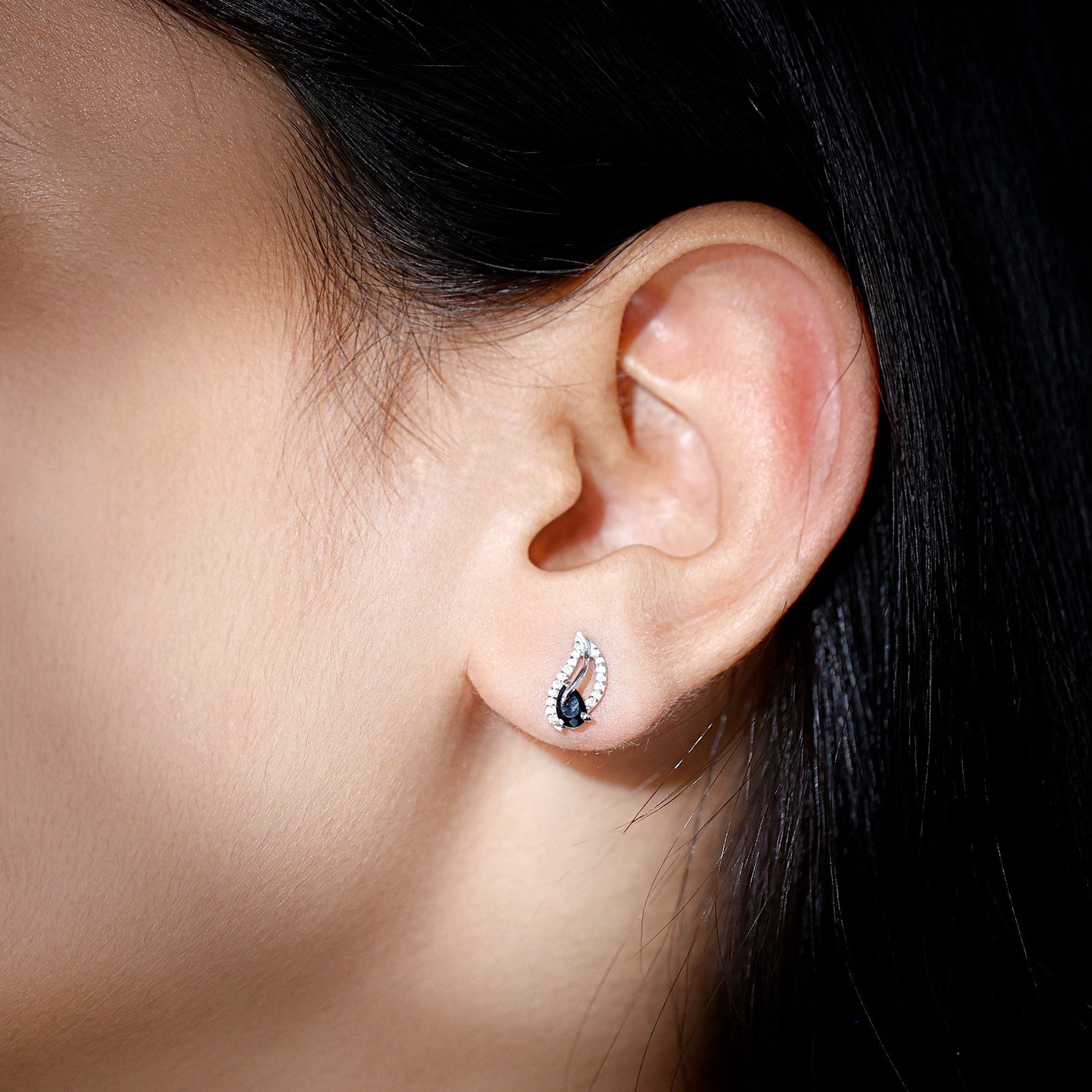 Genuine Pear Shape Black Onyx leaf Stud Earrings With Certificate