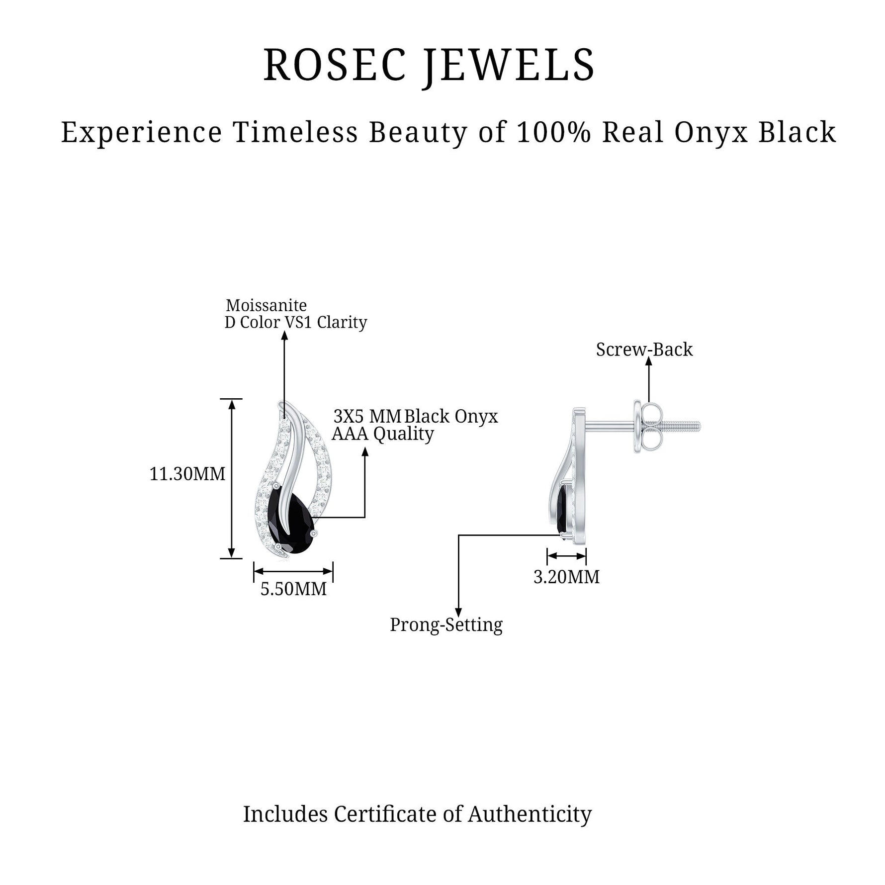 Genuine Pear Shape Black Onyx leaf Stud Earrings With Certificate