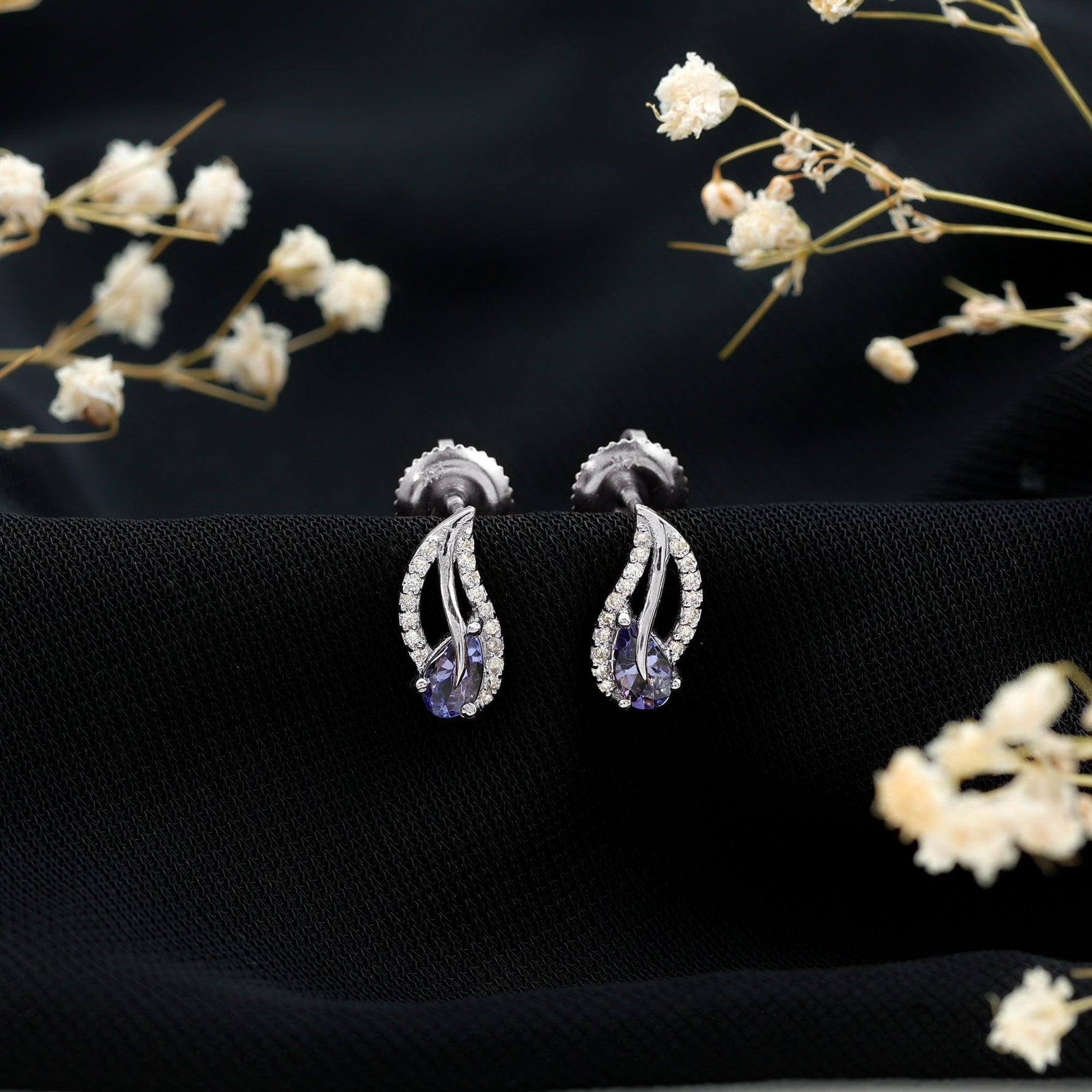 Pear Shape Tanzanite and Diamond Leaf Stud Earrings