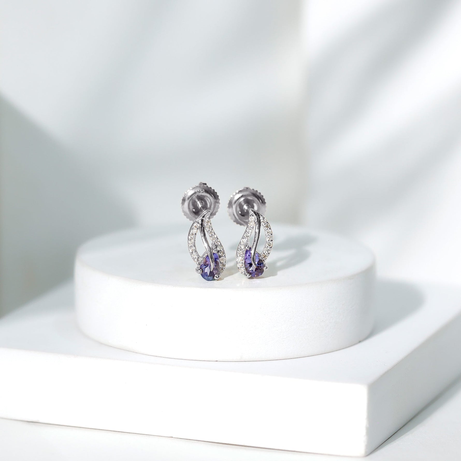 Pear Shape Tanzanite and Diamond Leaf Stud Earrings