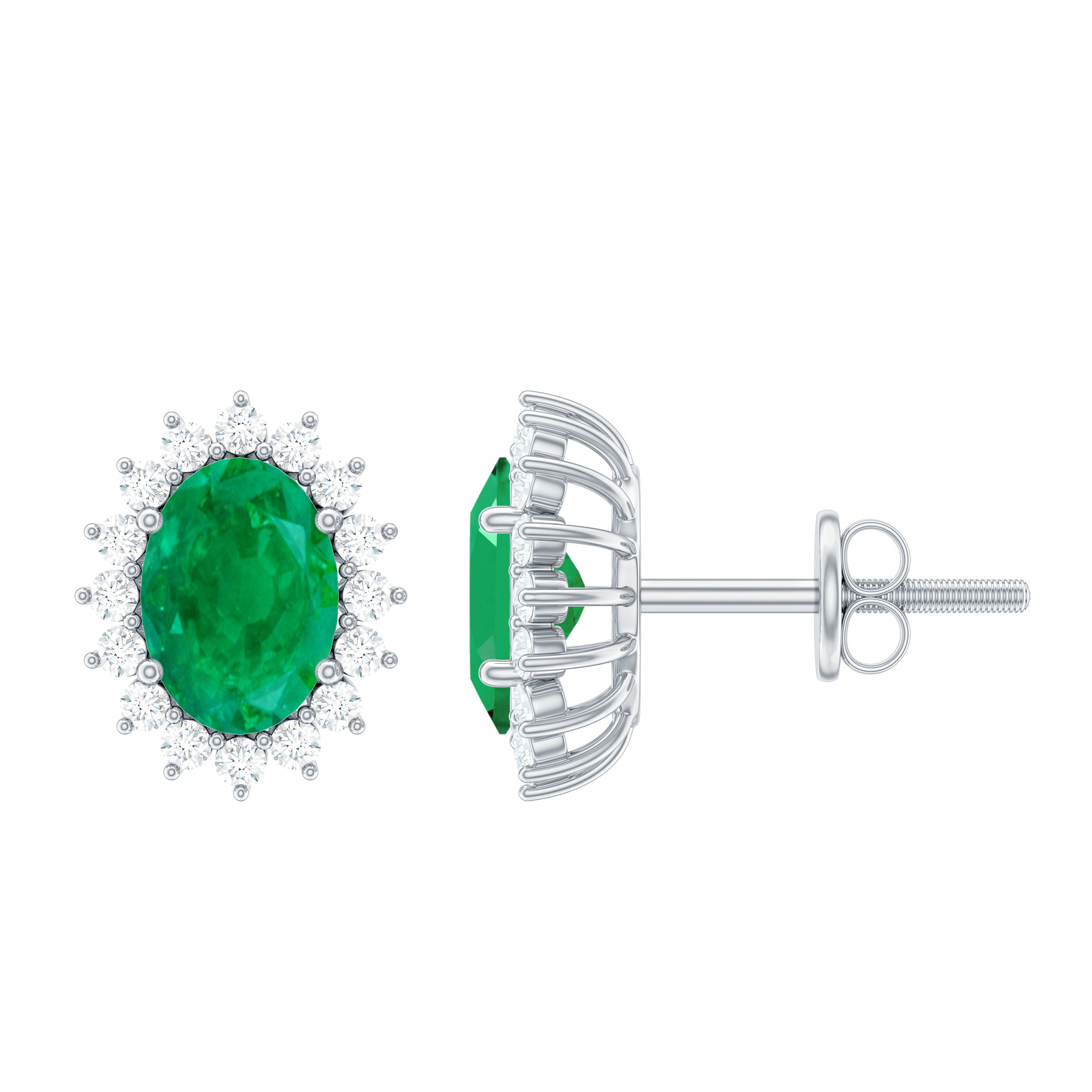 1.75 CT Oval Cut Emerald and Diamond Starburst Stud Earrings
