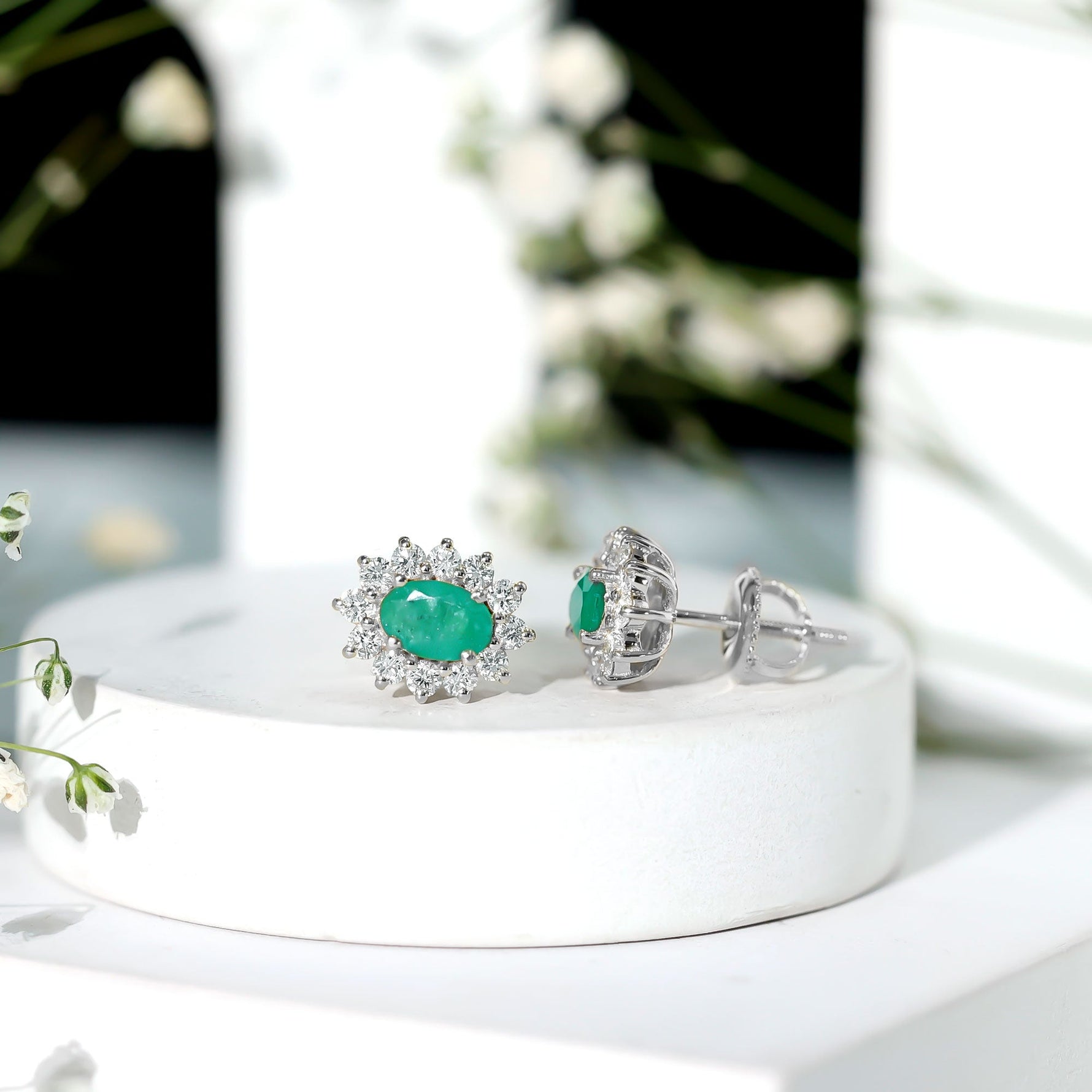 1.75 CT Oval Cut Emerald and Diamond Starburst Stud Earrings