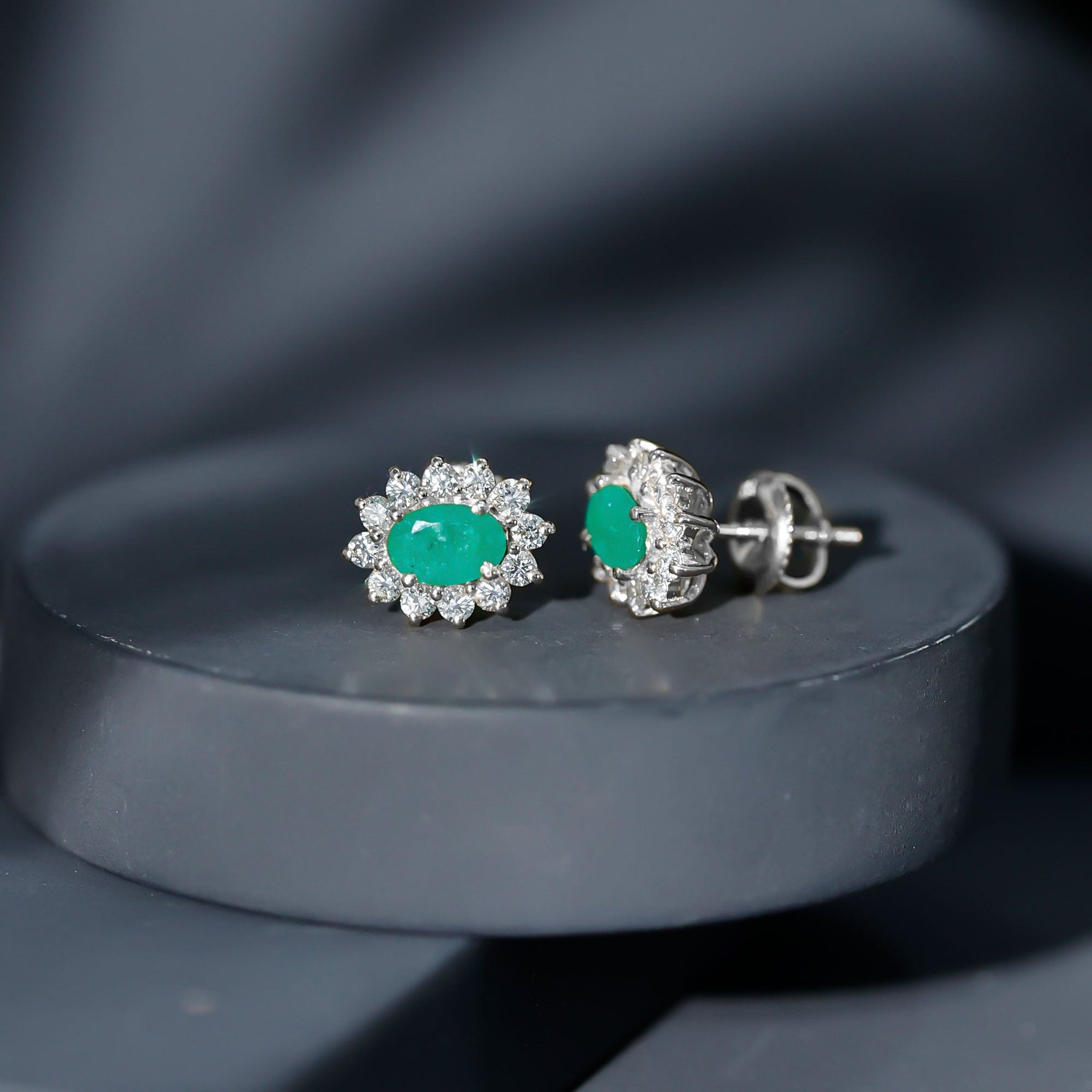 1.75 CT Oval Cut Emerald and Diamond Starburst Stud Earrings