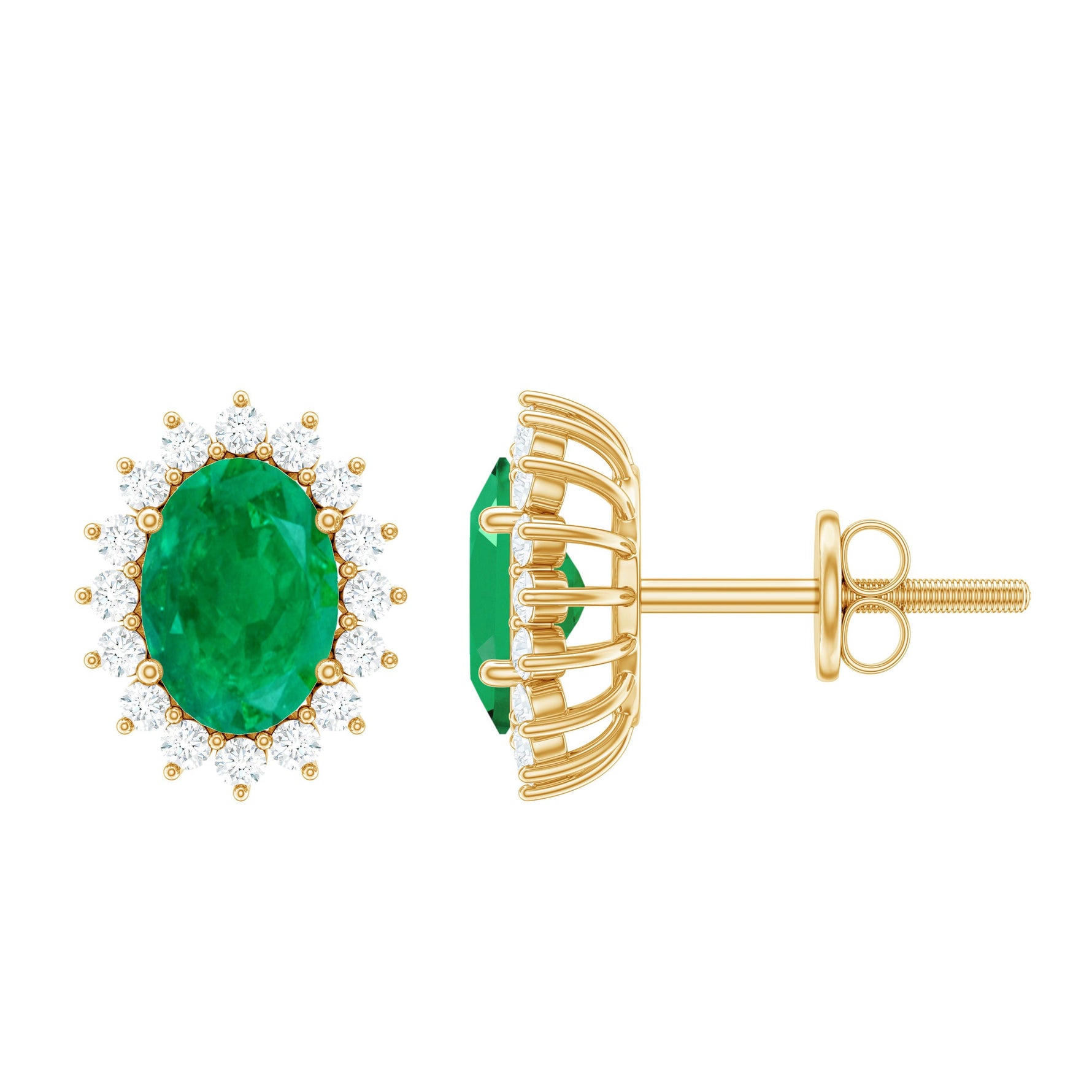 1.75 CT Oval Cut Emerald and Diamond Starburst Stud Earrings