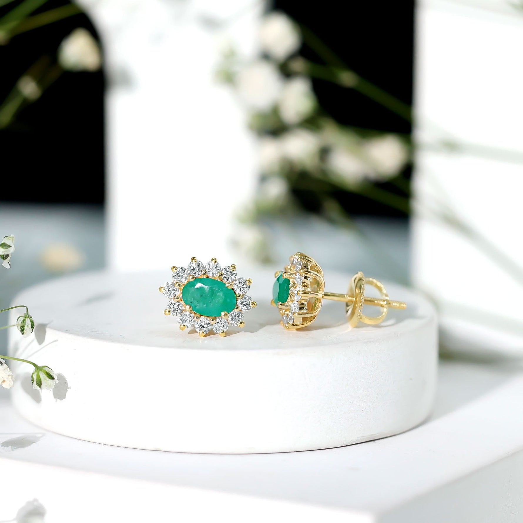 1.75 CT Oval Cut Emerald and Diamond Starburst Stud Earrings