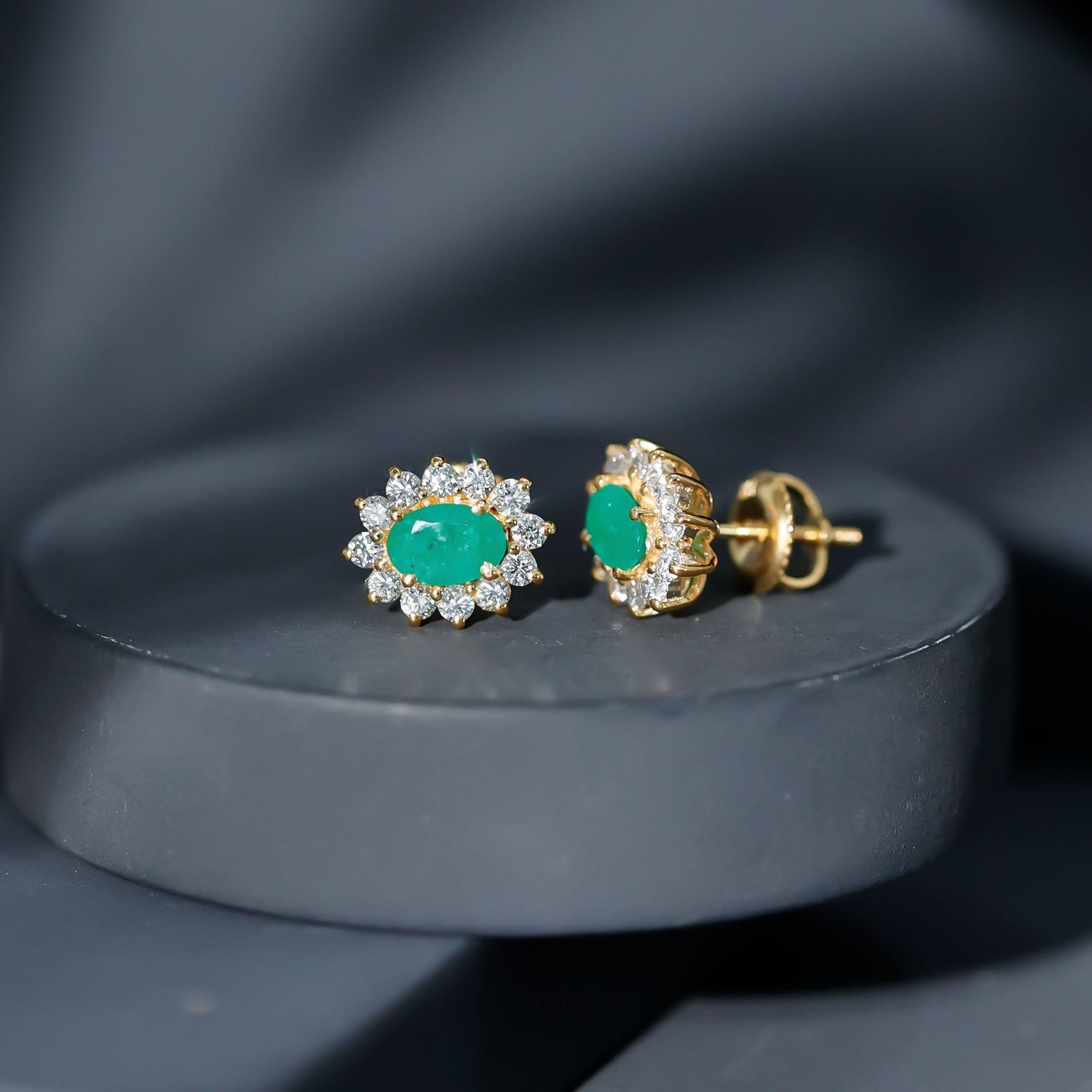 1.75 CT Oval Cut Emerald and Diamond Starburst Stud Earrings