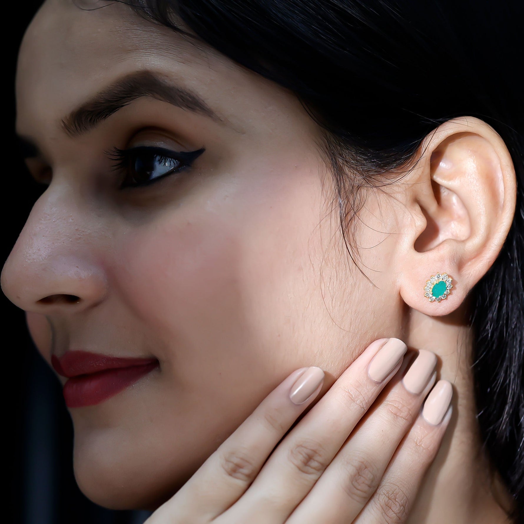 1.75 CT Oval Cut Emerald and Diamond Starburst Stud Earrings