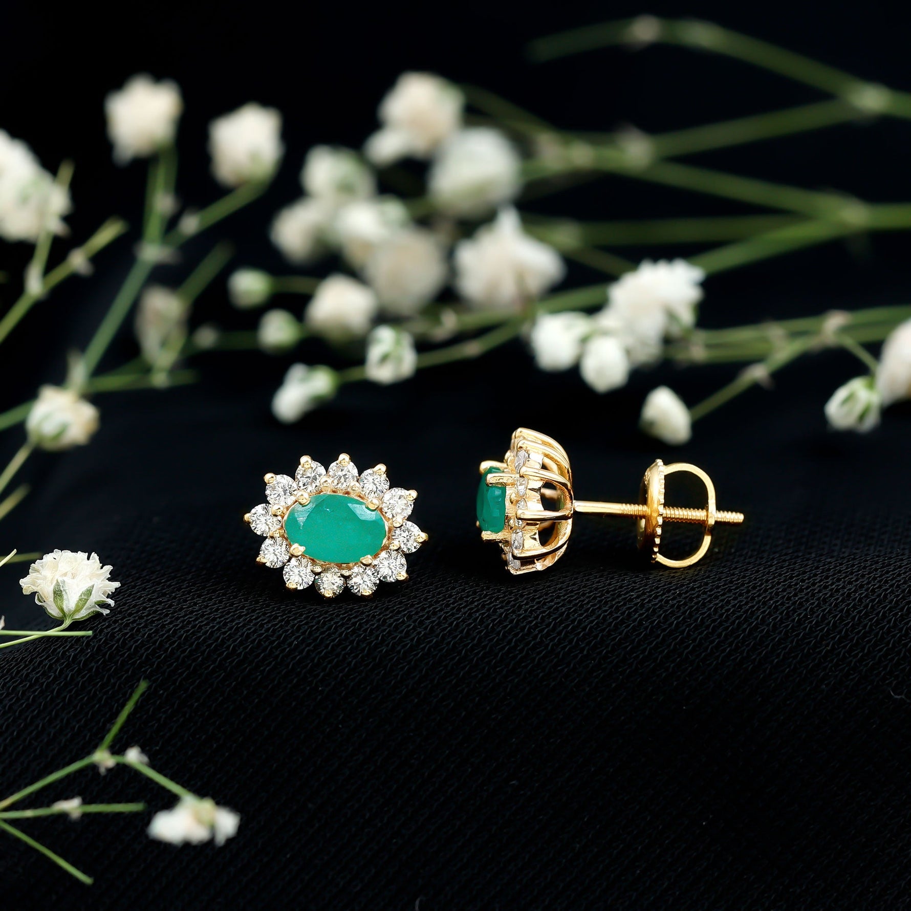 1.75 CT Oval Cut Emerald and Diamond Starburst Stud Earrings