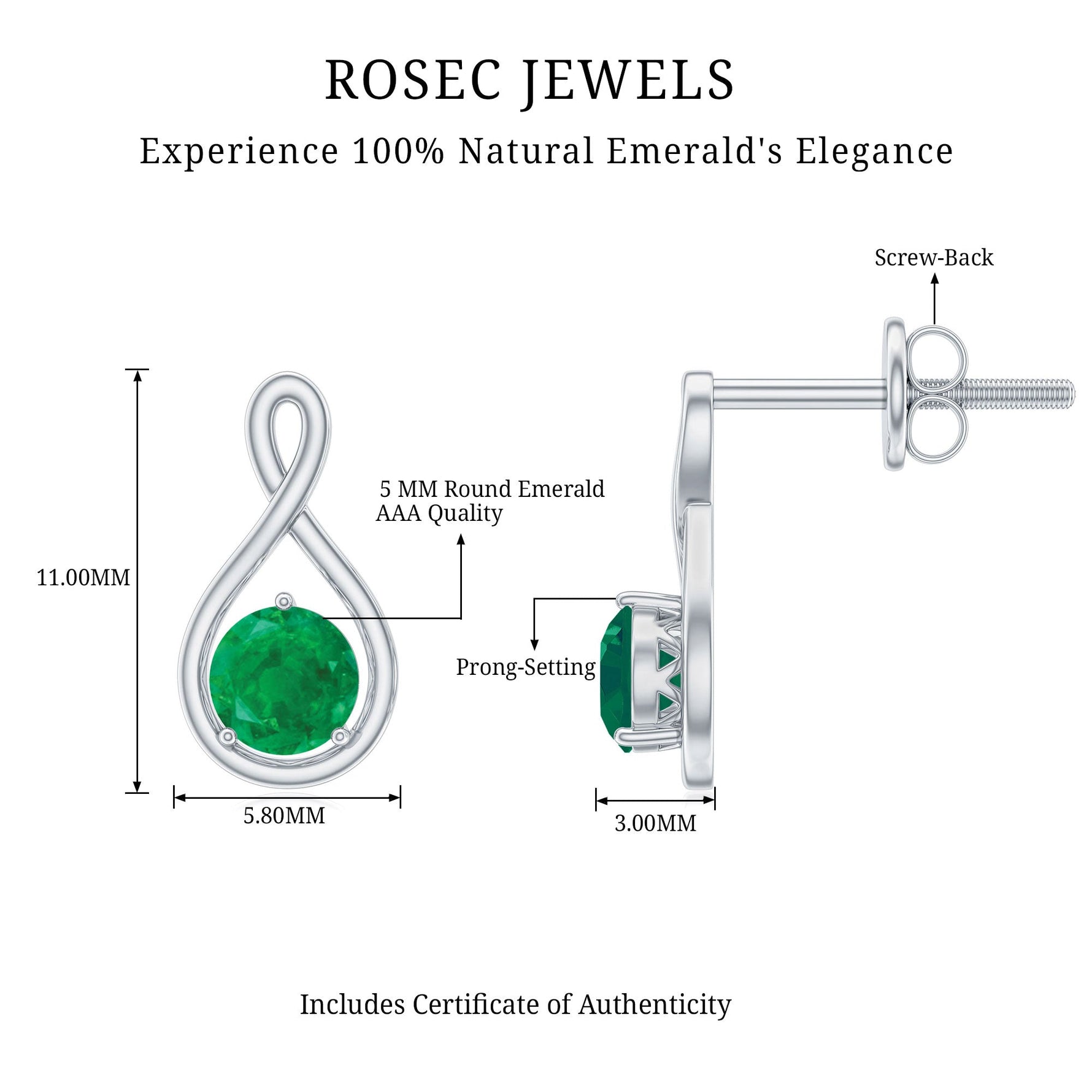 0.75 CT Round Cut Emerald Solitaire Infinity Stud Earrings