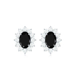 Certified Real Oval Black Onyx Stud Earrings with Diamond Halo