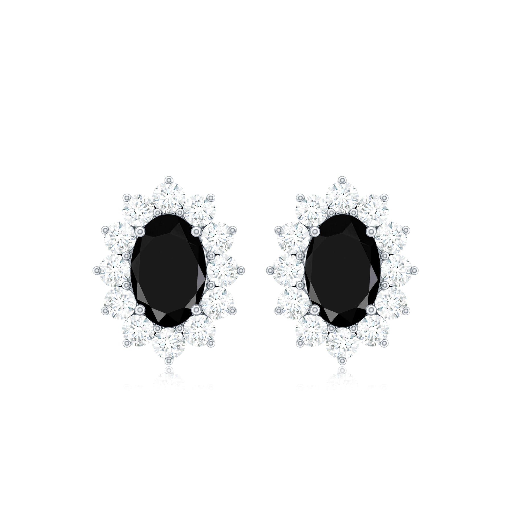 Certified Real Oval Black Onyx Stud Earrings with Diamond Halo
