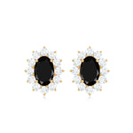 Certified Real Oval Black Onyx Stud Earrings with Diamond Halo