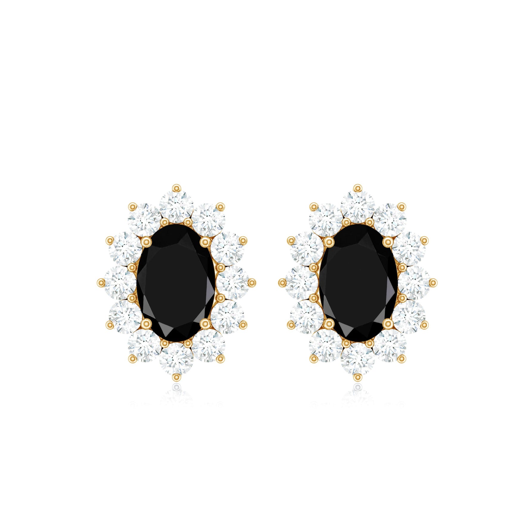 Certified Real Oval Black Onyx Stud Earrings with Diamond Halo