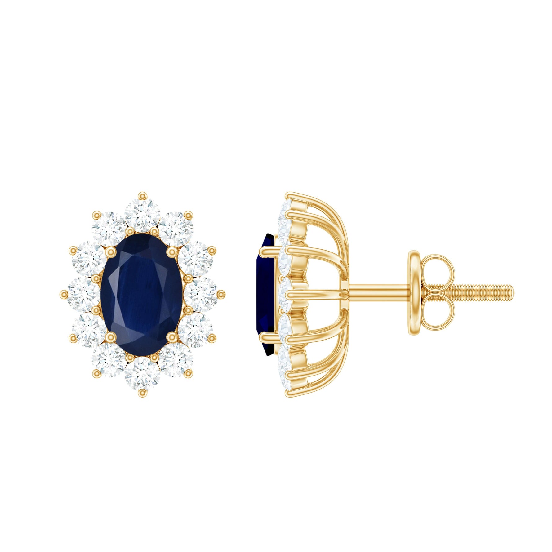 Classic Blue Sapphire Stud Earrings with Diamond Halo