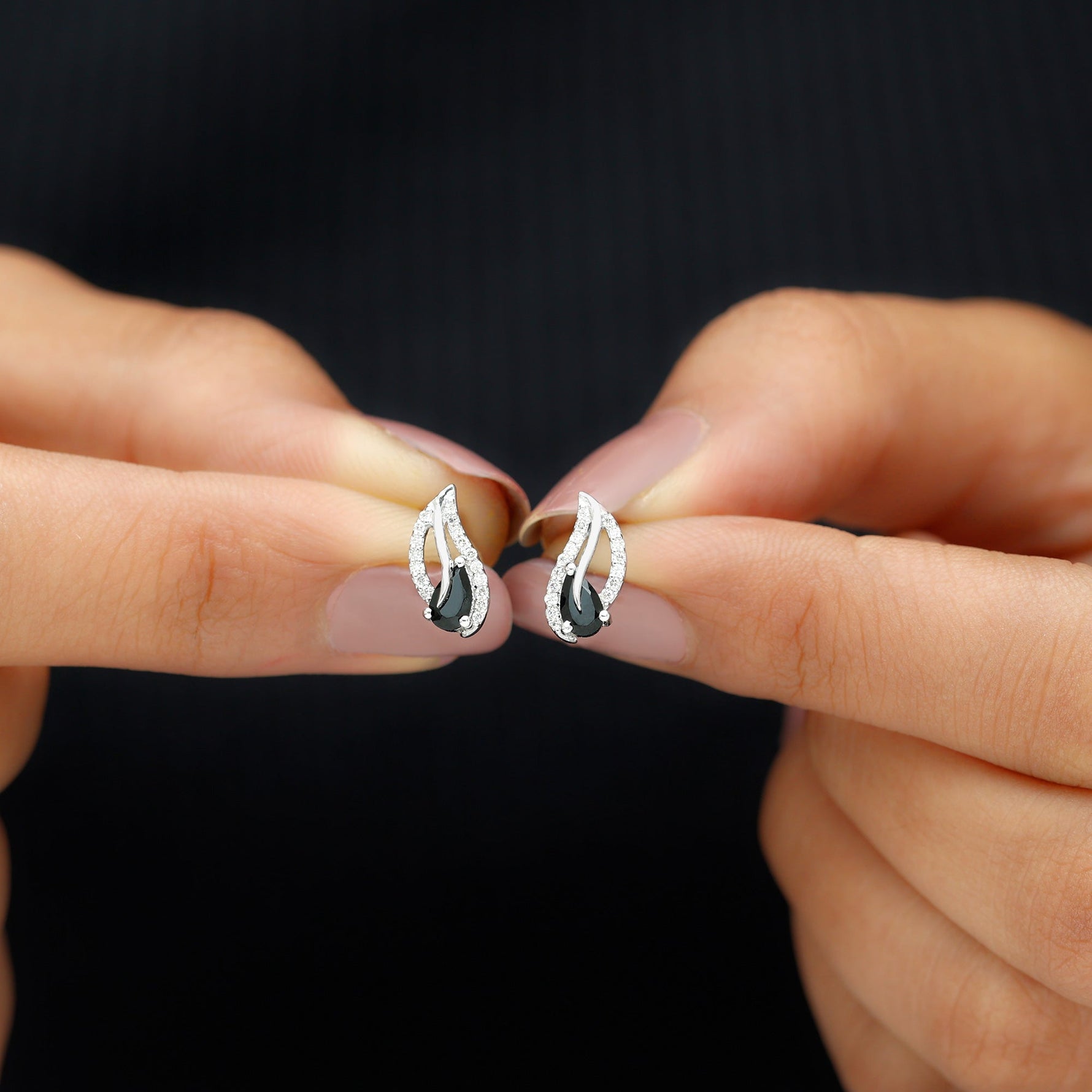 1/2 CT Pear Shape Black Spinel and Diamond Leaf Stud Earrings