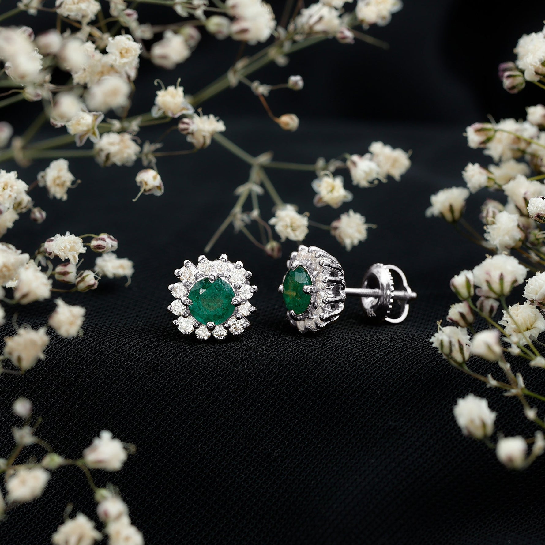 1 CT Classic Emerald Stud Earrings with Diamond Accent