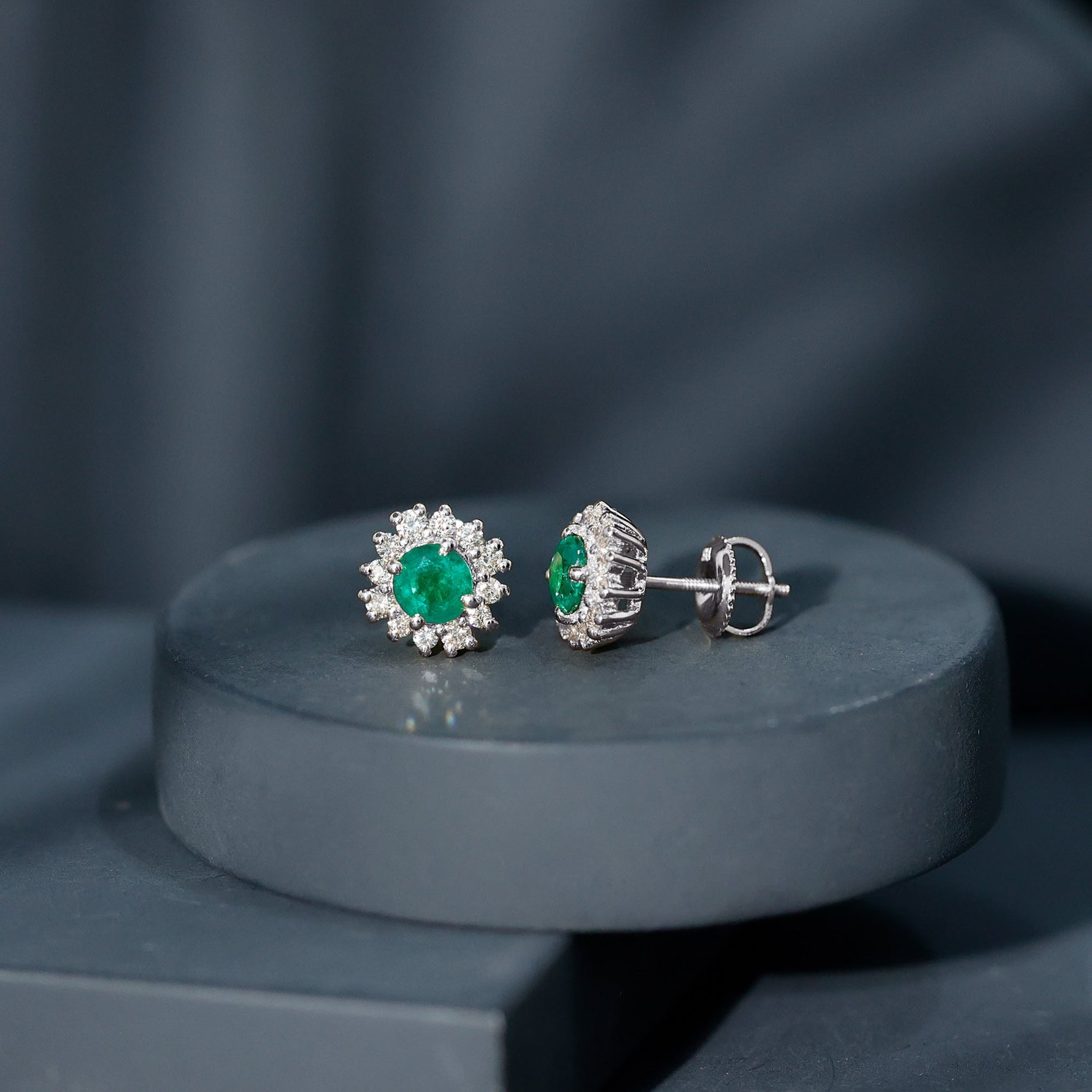 1 CT Classic Emerald Stud Earrings with Diamond Accent