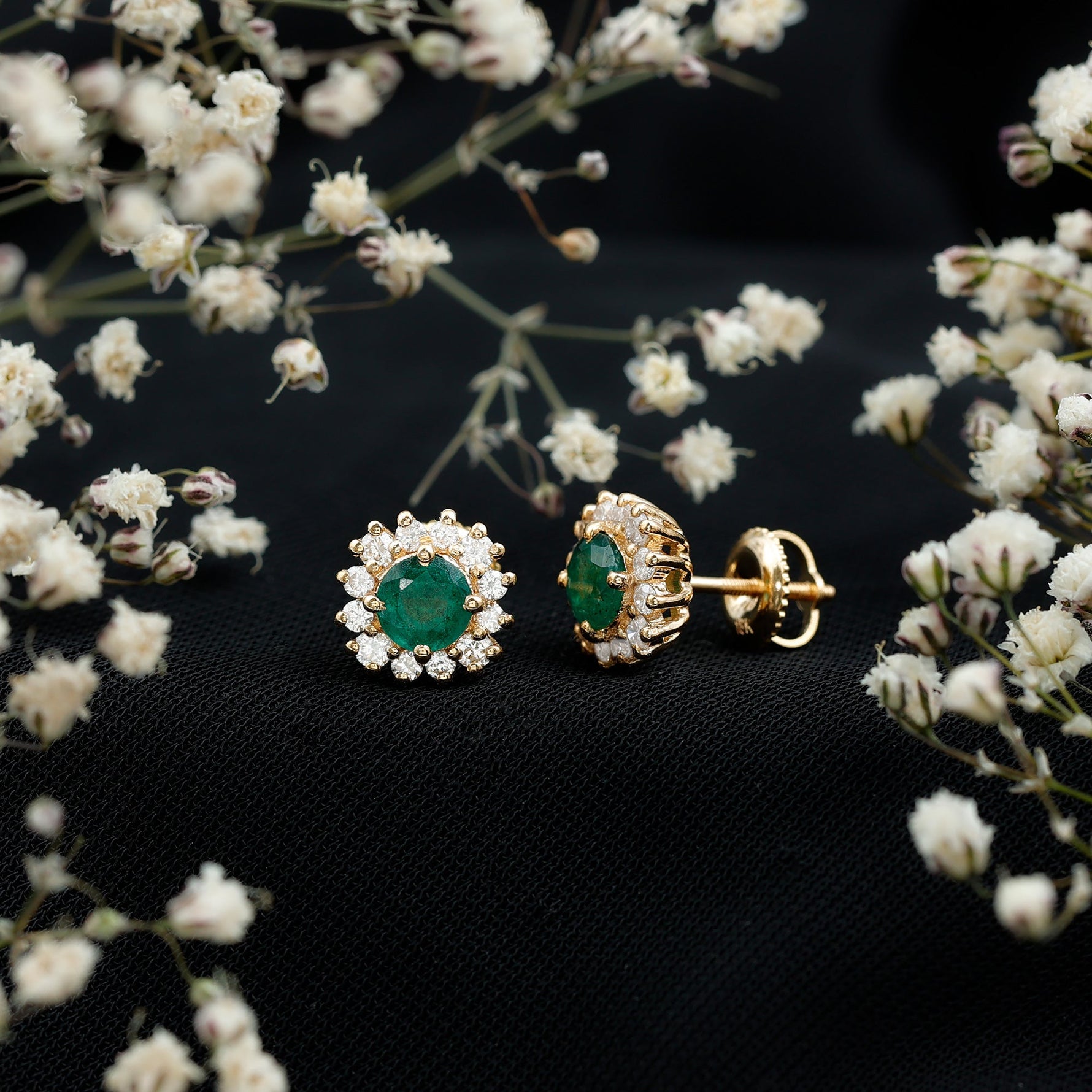 1 CT Classic Emerald Stud Earrings with Diamond Accent