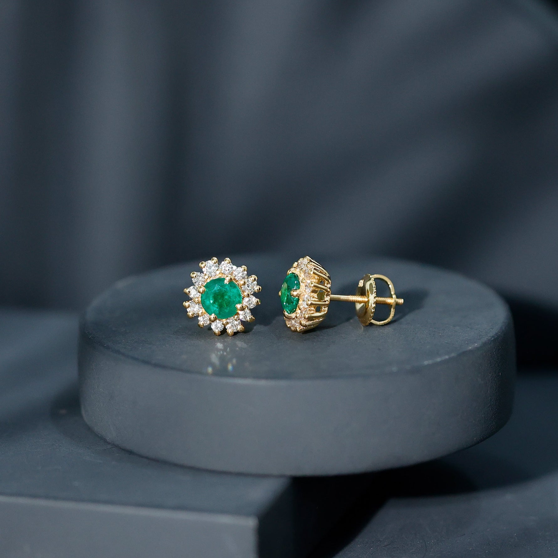 1 CT Classic Emerald Stud Earrings with Diamond Accent