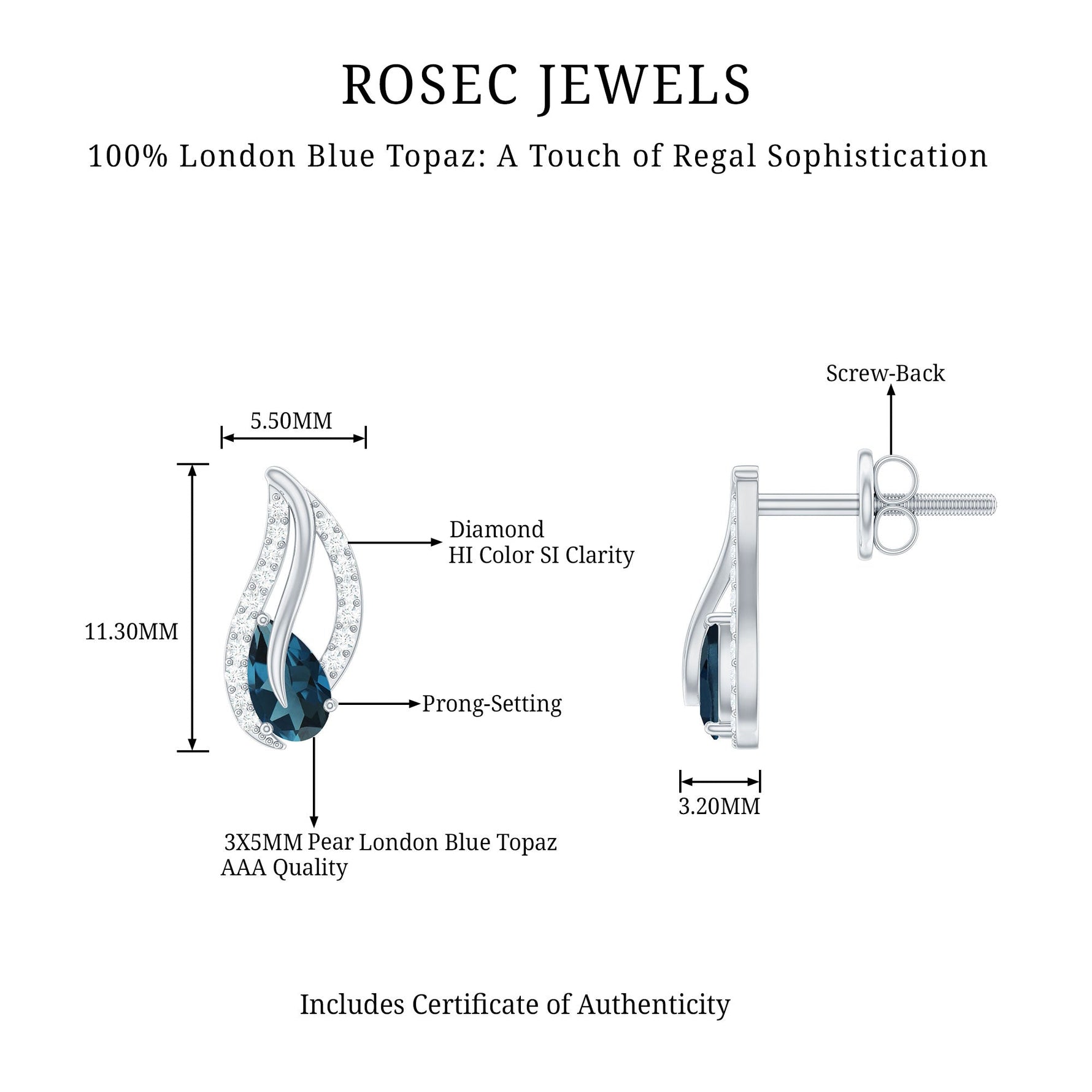 Pear Shape London Blue Topaz and Diamond Leaf Stud Earrings