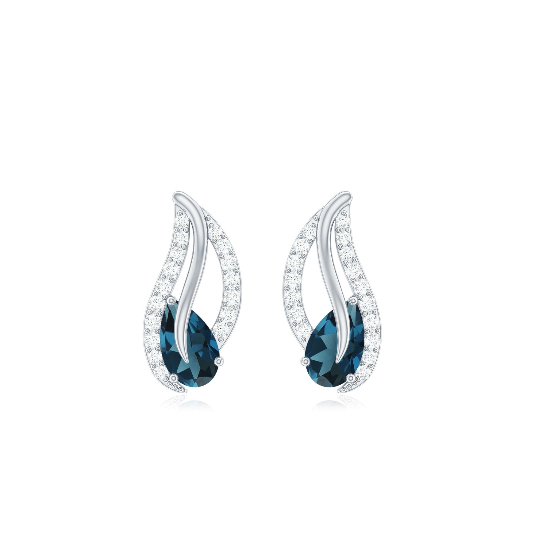 Pear Shape London Blue Topaz and Diamond Leaf Stud Earrings