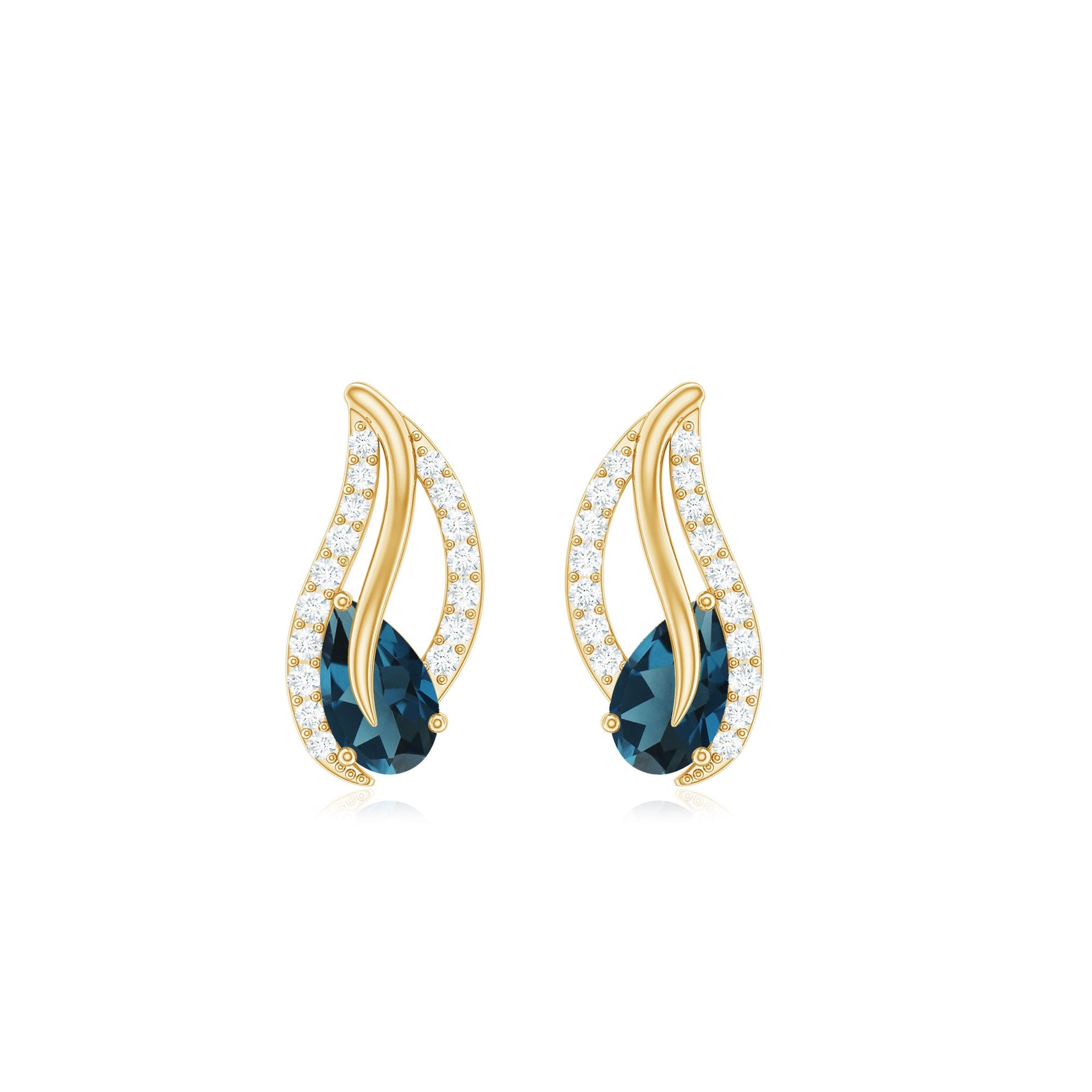 Pear Shape London Blue Topaz and Diamond Leaf Stud Earrings