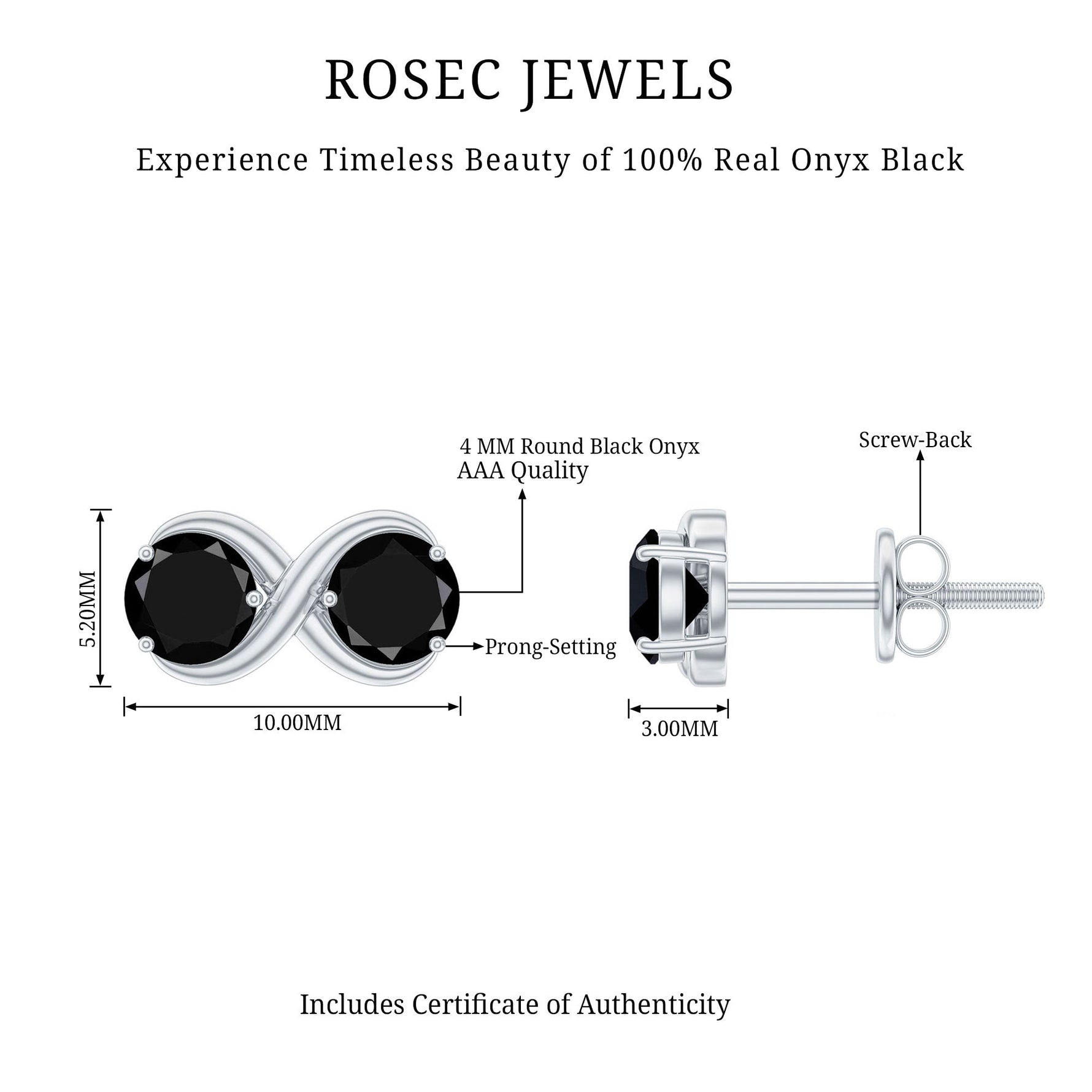 Natural Black Onyx Infinity Earrings with Screw Back