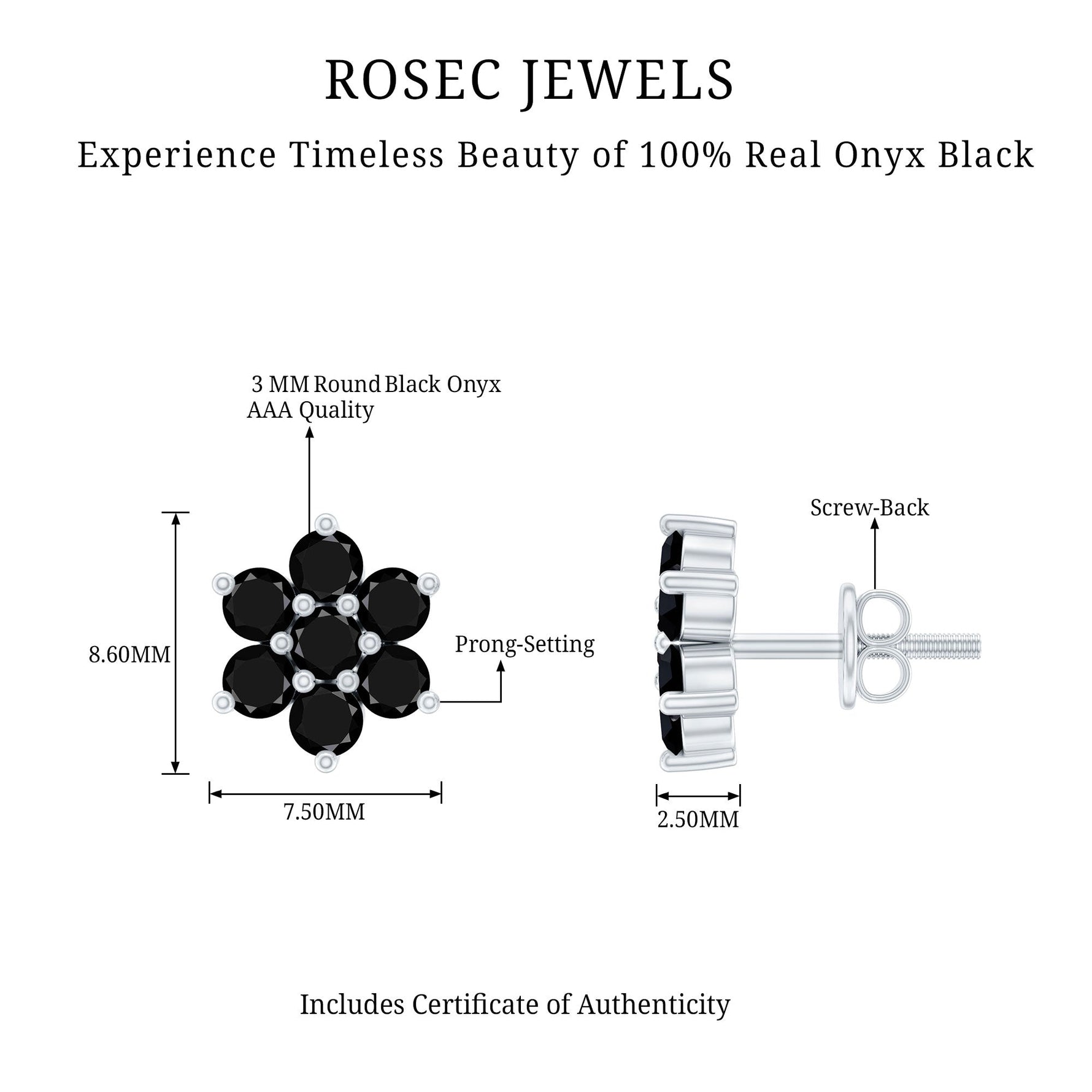1.25 CT Black Onyx Floral Cluster Stud Earrings