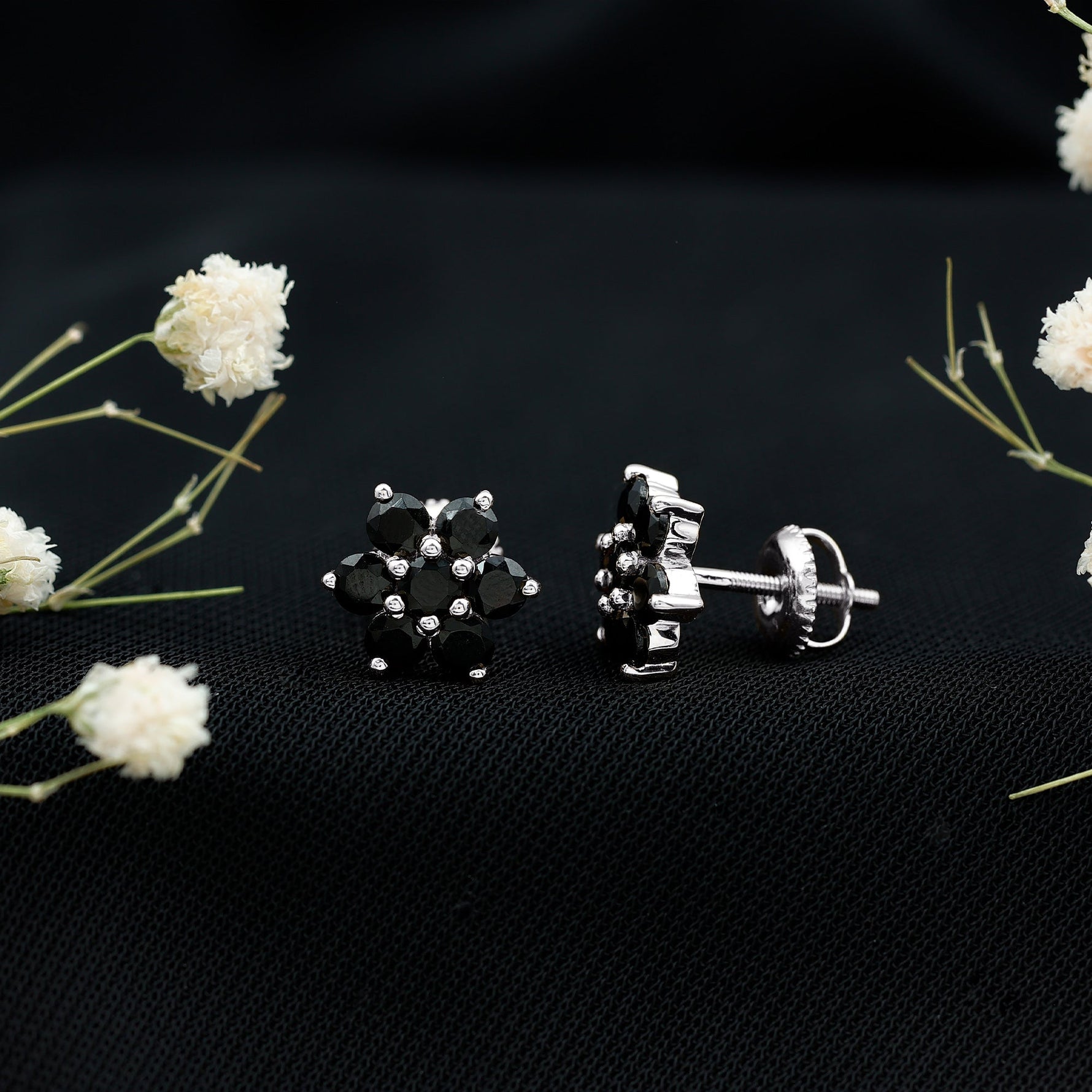 1.25 CT Black Onyx Floral Cluster Stud Earrings