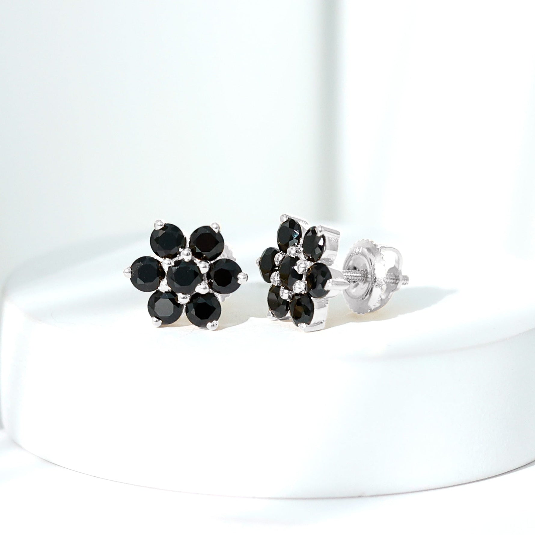 1.25 CT Black Onyx Floral Cluster Stud Earrings