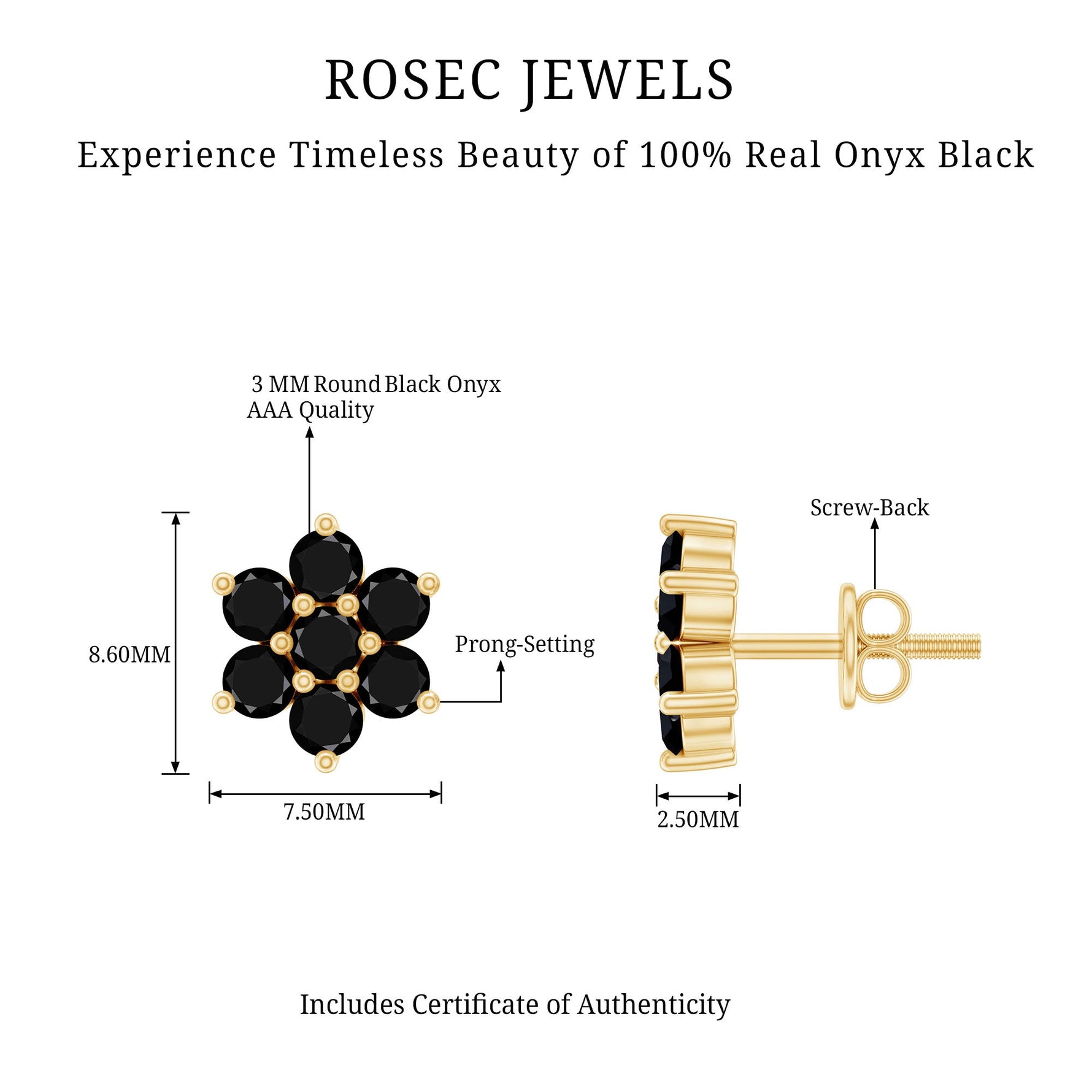 1.25 CT Black Onyx Floral Cluster Stud Earrings