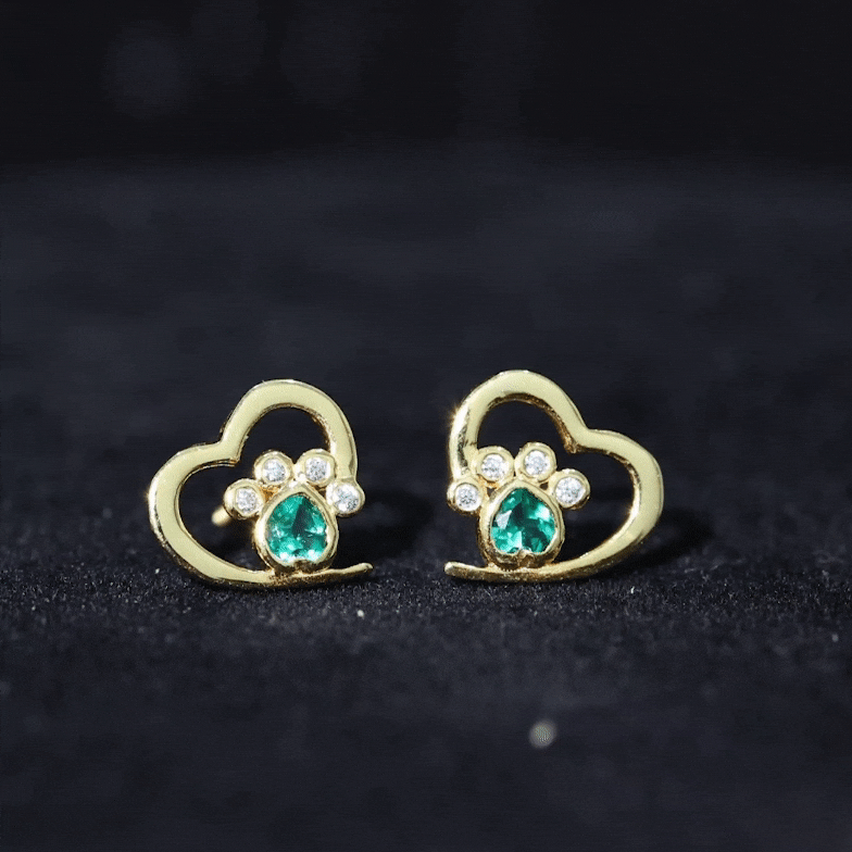 Lab Created Emerald and Moissanite Heart Paw Stud Earrings