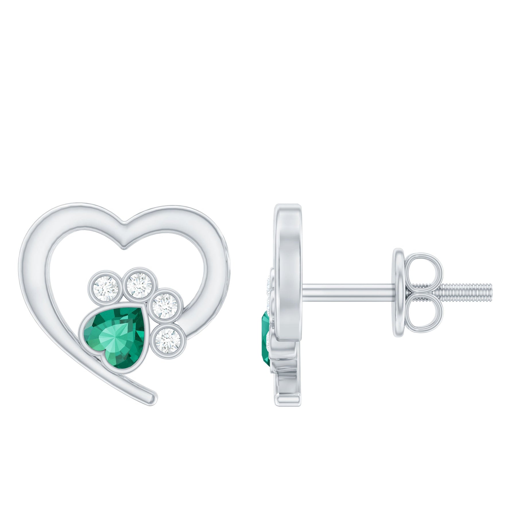 Lab Created Emerald and Moissanite Heart Paw Stud Earrings