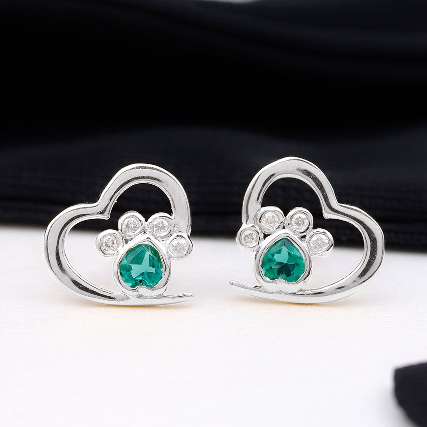 Lab Created Emerald and Moissanite Heart Paw Stud Earrings