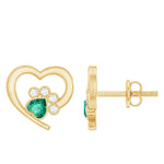 Lab Created Emerald and Moissanite Heart Paw Stud Earrings