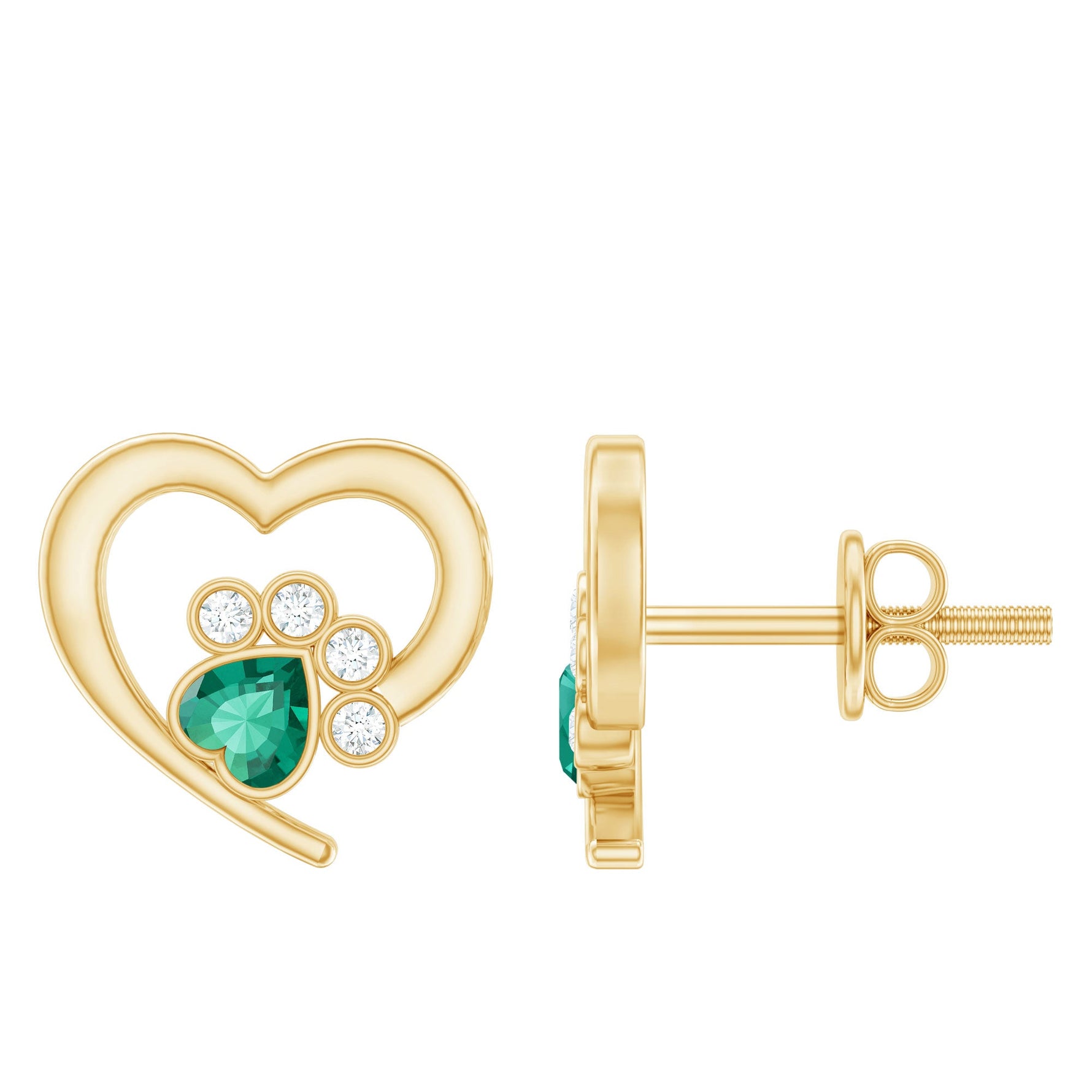Lab Created Emerald and Moissanite Heart Paw Stud Earrings