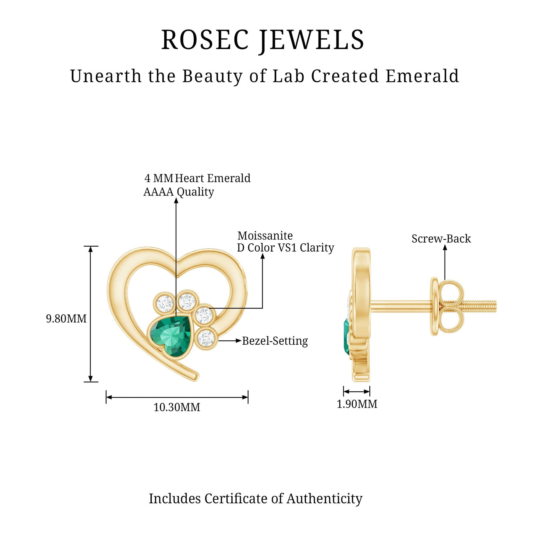 Lab Created Emerald and Moissanite Heart Paw Stud Earrings