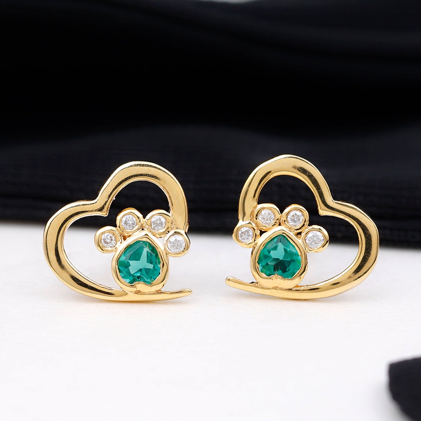 Lab Created Emerald and Moissanite Heart Paw Stud Earrings