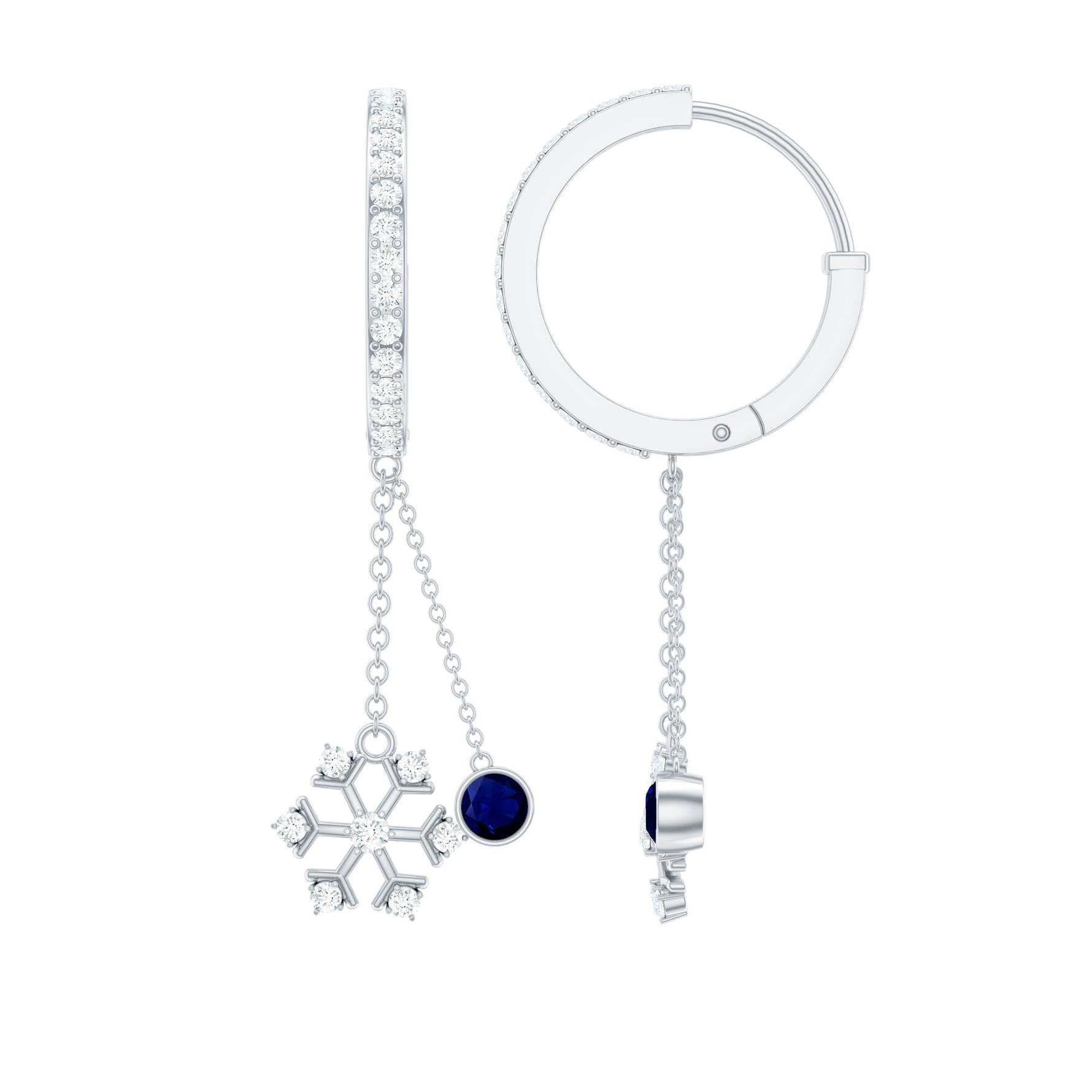 1.5 CT Blue Sapphire Dangle Hoop Earrings with Diamond Snowflake