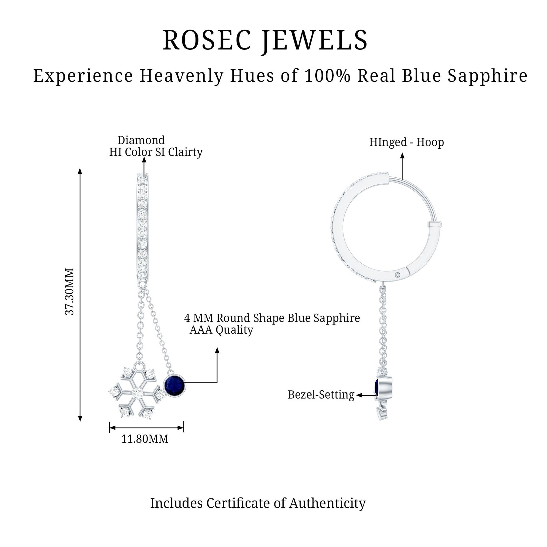 1.5 CT Blue Sapphire Dangle Hoop Earrings with Diamond Snowflake