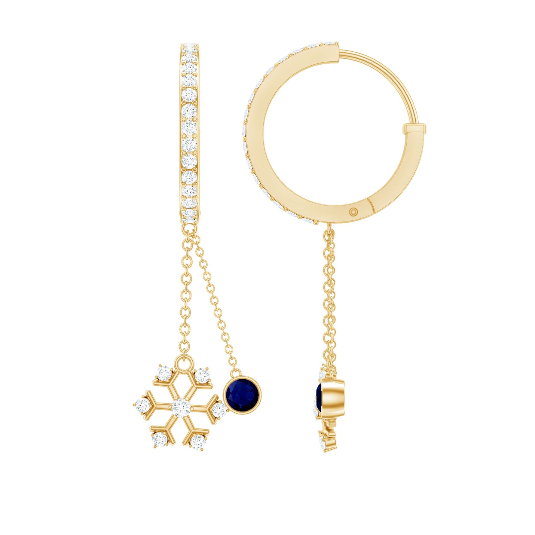 1.5 CT Blue Sapphire Dangle Hoop Earrings with Diamond Snowflake