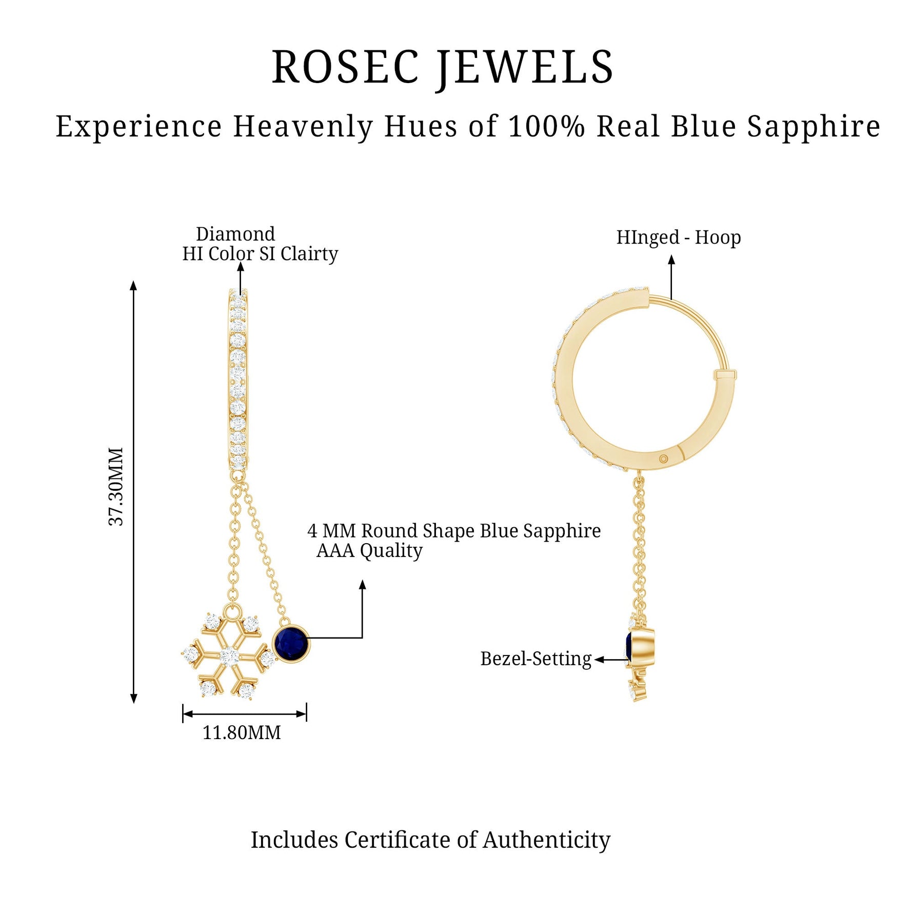 1.5 CT Blue Sapphire Dangle Hoop Earrings with Diamond Snowflake