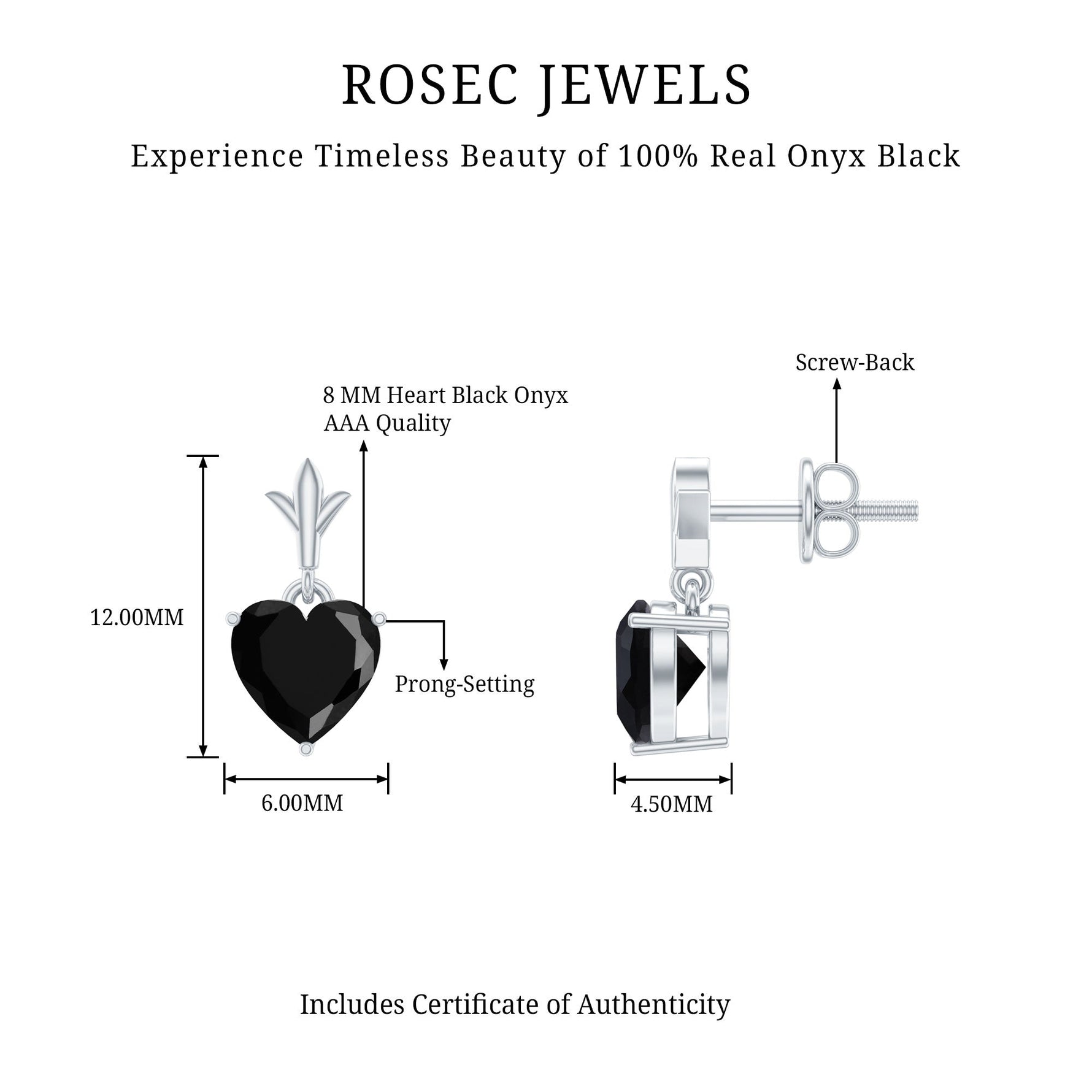 6 MM Heart Shape Black Onyx Drop Stud Earrings