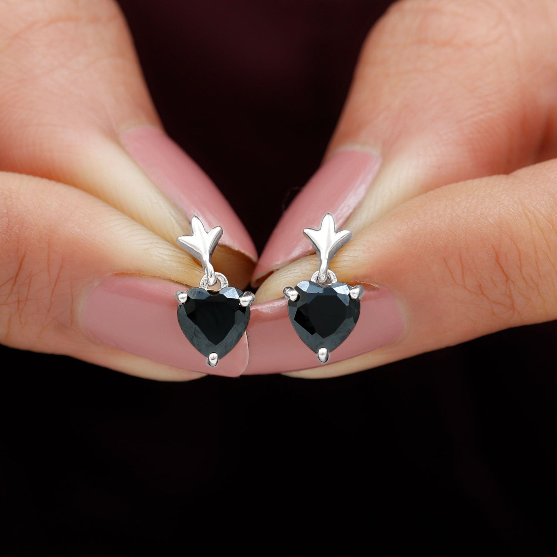 6 MM Heart Shape Black Onyx Drop Stud Earrings