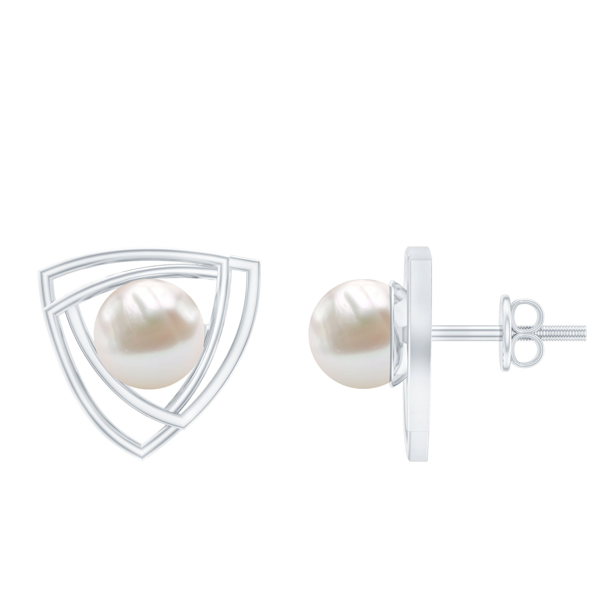 6 MM Bead Set Round Freshwater Pearl Solitaire Triangle Stud Earrings