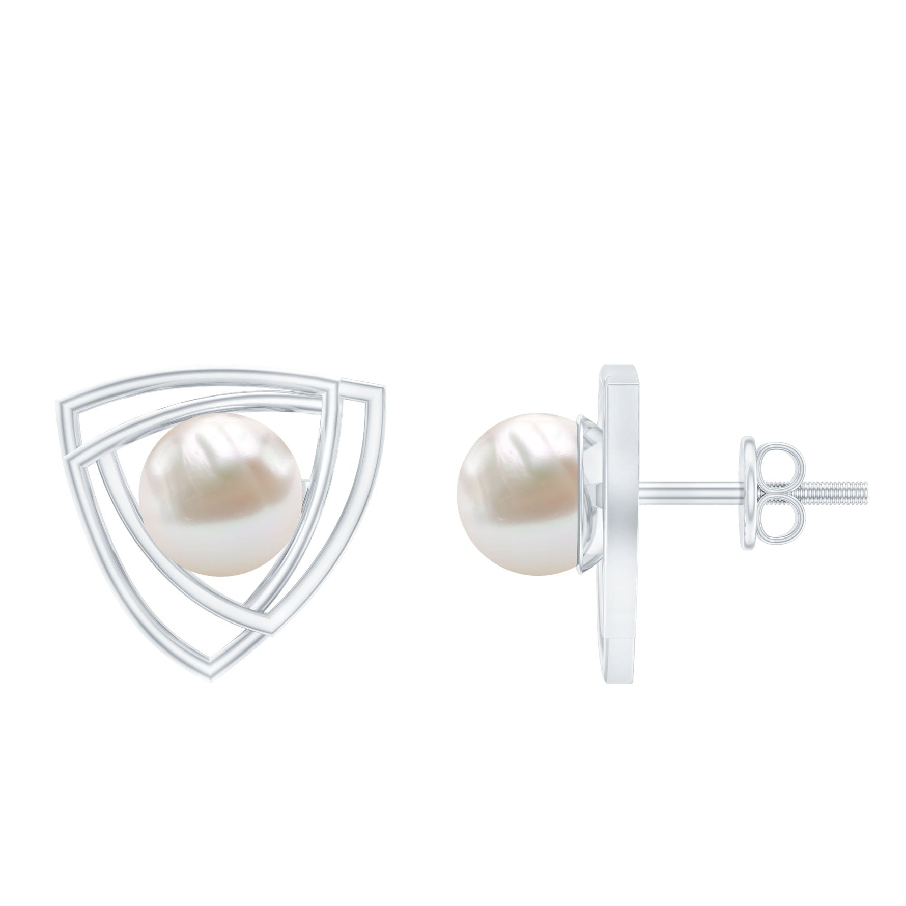 6 MM Bead Set Round Freshwater Pearl Solitaire Triangle Stud Earrings