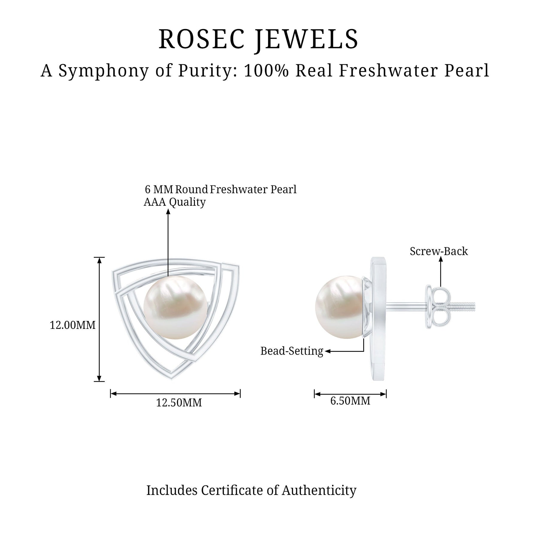 6 MM Bead Set Round Freshwater Pearl Solitaire Triangle Stud Earrings